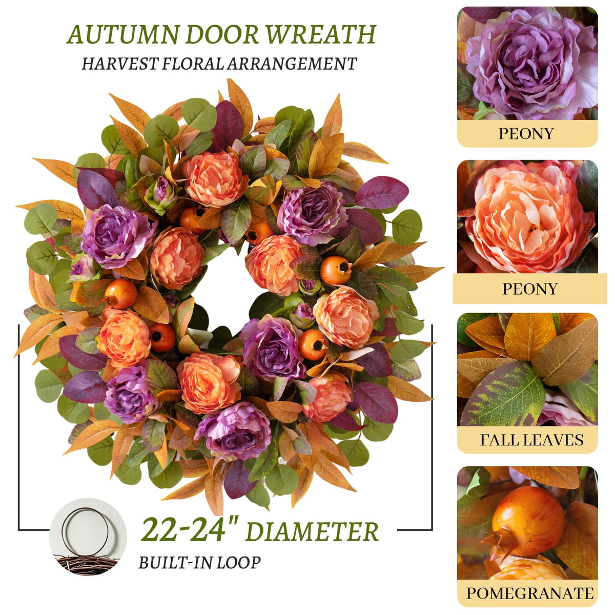 24 Inch Harvest Fall Wreath for Front Door Outside with Orange Purple Peony