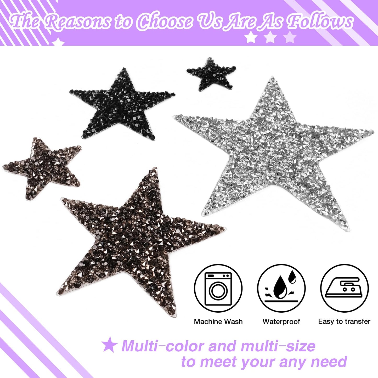 32Pcs Star Appliques Iron on Patches for Hats, Jeans, Clothing, Shirts, Iron on Glitter Star Applique, Rhinestone Stars Iron on Patches for DIY Crafts (Silver, Mixed Size)