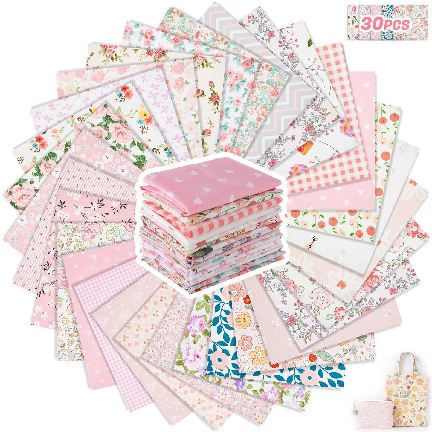 Tatuo 30 Pcs 10 x 10 Inches Pink Floral Cotton Fabric Bundle Squares Patchwork Floral Fabric Sewing Quilting Bundles Assorted Pattern Cloth for DIY Scrapbook Craft Making