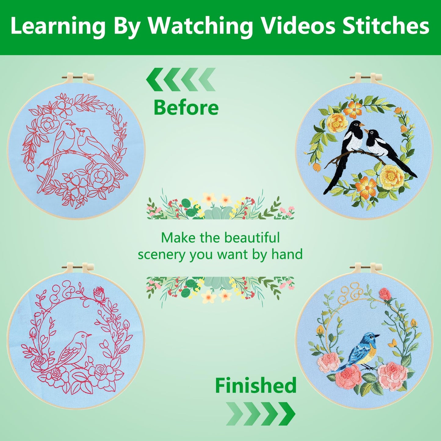 Embroidery Kit for Beginners Adults,Bird-Hummingbird Embroidery Kit Cross Stitch Kits for Beginner Easy to Learn Stitches Instruction Video Stamped Embroidery Pattern Flowers B2-2 Sets