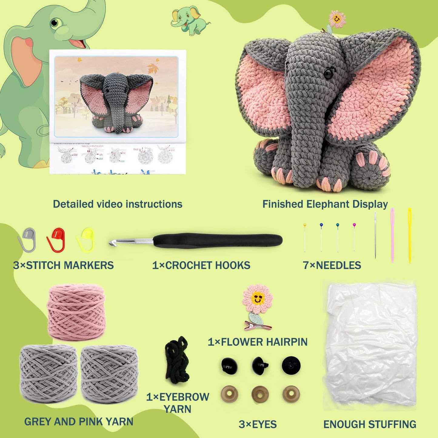CODGP Crochet Kit for Beginners,13in Crochet Animal Kit Elephant,Crochet Starter Kit Gift for Adults Kids with Yarn Sets,Amigurumi Crochet Kit with Step-by-Step Video Tutorials