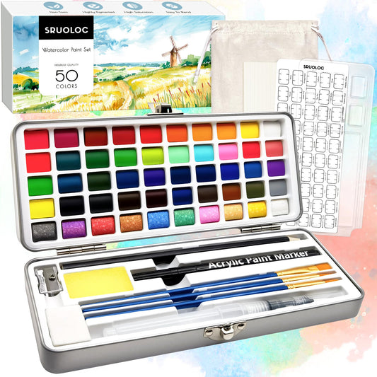 Watercolor Paint Set 50 Colors, Travel Watercolor Set with Portable Carrying Case, Papers, Brushes and Accessories, Ideal for Artists, Amateur Hobbyists and Painting Lovers