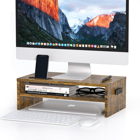 BONTEC Monitor Stand Riser, 2 Tiers Wood Monitor Riser Stand with Storage Organizer, Desktop Ergonomic Monitor Stand Riser with Cellphone Holder and Cable Management, 16.5 Inch Shelf, Vintage Brown