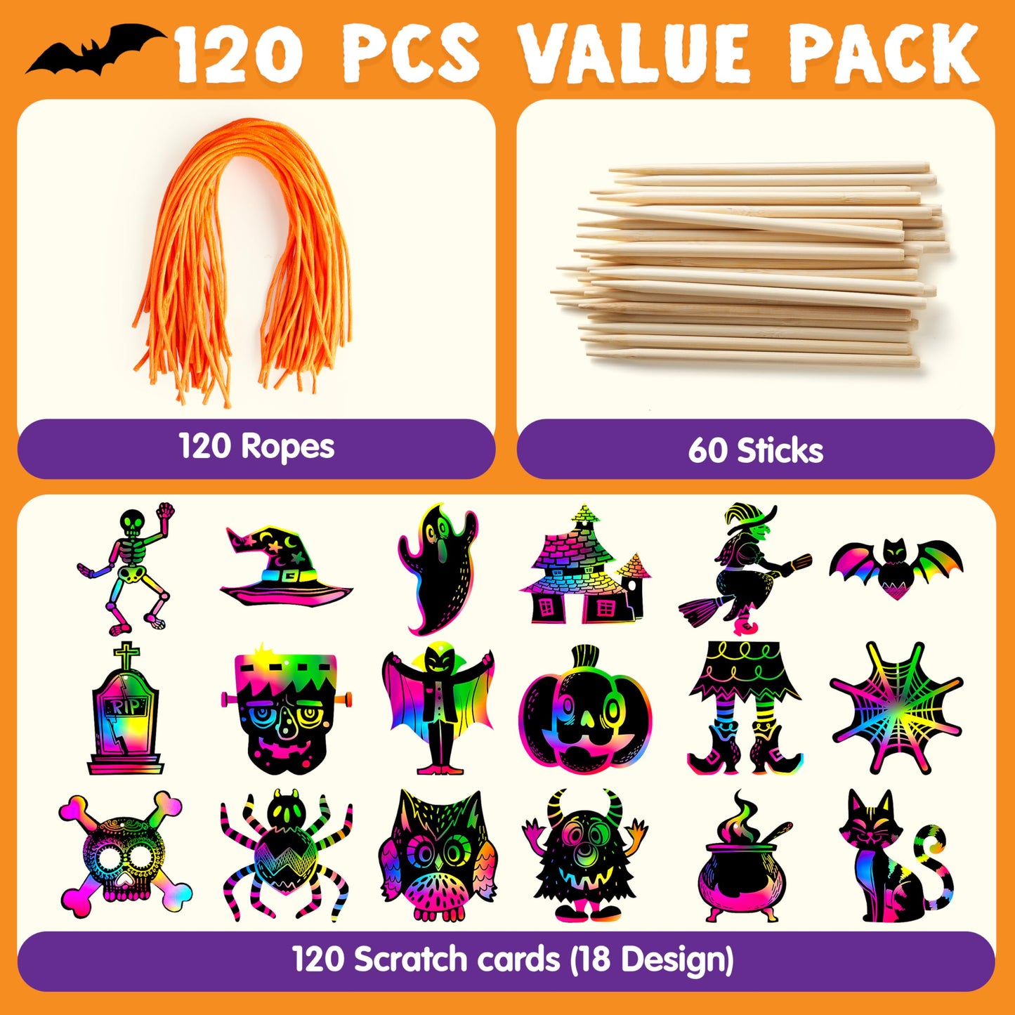 36 Pcs Halloween Rainbow Scratch Paper Art Crafts for Kid, Halloween Party Favors, Scratch Off Cards with 18 Designs for Party Supplies, Classroom Activities Game Goodies Gifts (Age 3+)