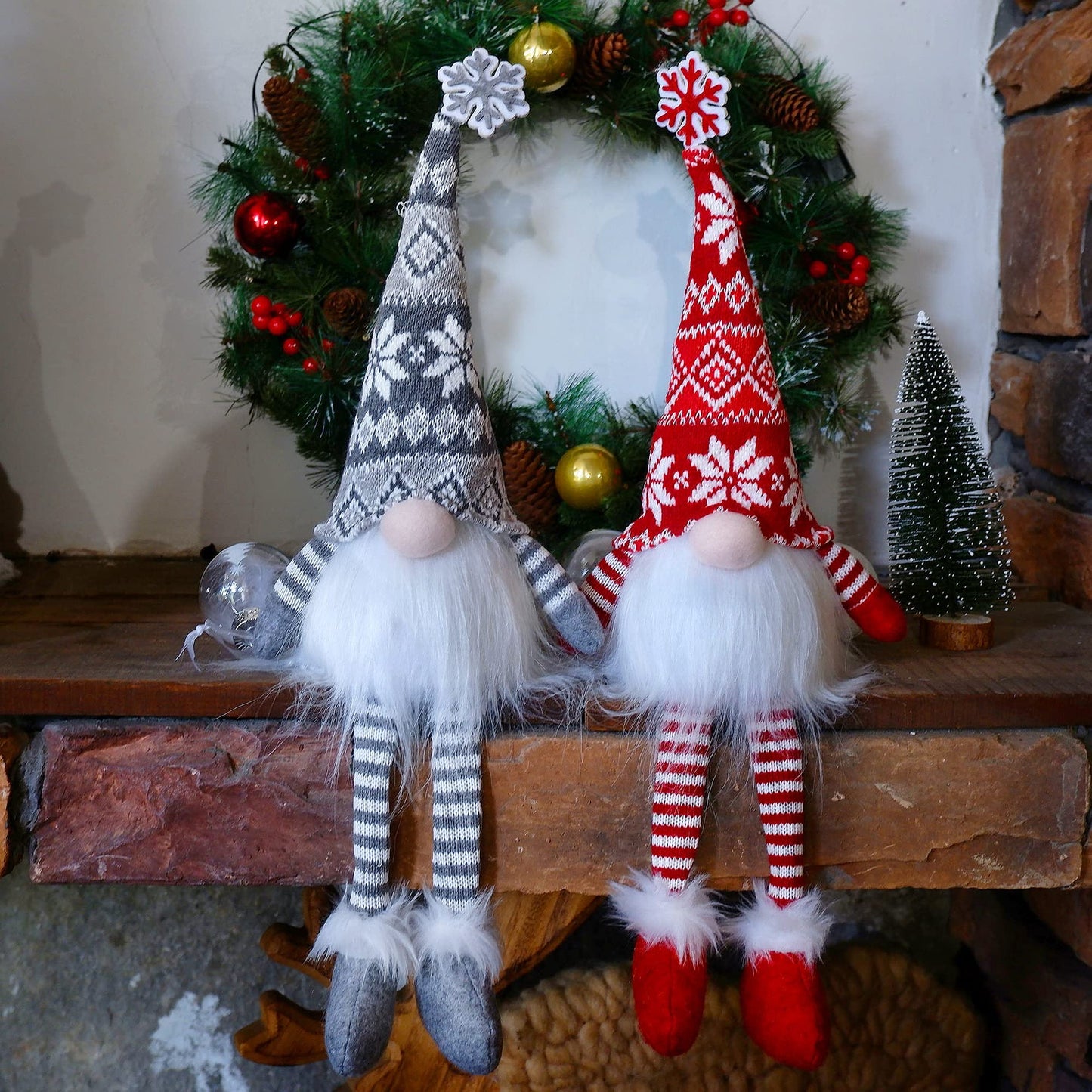 2 Pack Lighted Christmas Gnomes with Dangling Legs, 19.5Inch Handmade Scandinavian Swedish Tomte, Battery Operated Winter Tabletop Christmas Decorations Collectible Figurines