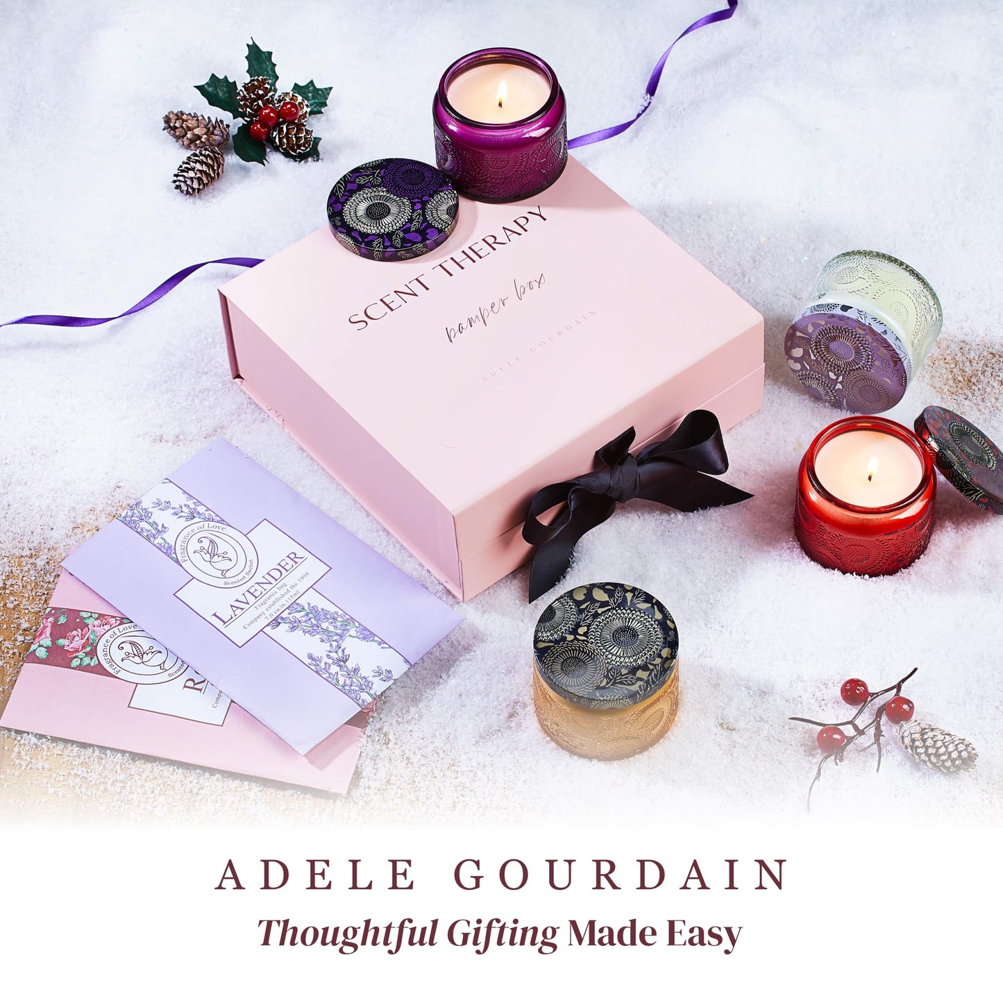 ADELEGOURDAIN Scented Candle Set - 4 Candles and 2 Sachets - Aromatherapy Scents for Birthday Gifts for Mom - Over 160-Hour Burn Time for Mom Birthday Candles, Relaxation & Holiday Gift Idea