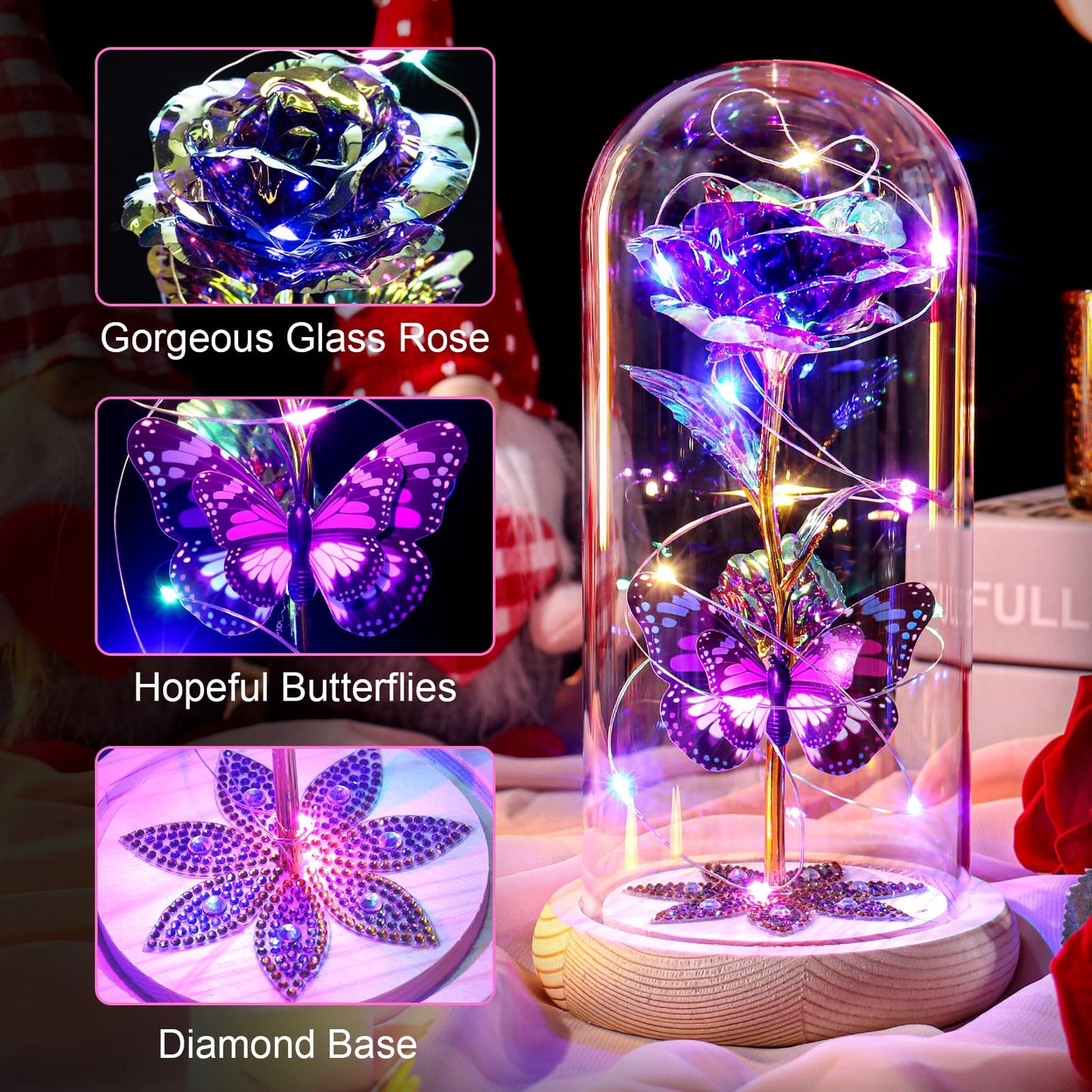 Birthday Gifts for Women Galaxy Glass Rose Forever Preserved Flowers for Delivery Light Up Rose in Glass Dome Mothers Day Butterfly Gifts for Mom Wife Grandma Her Daughter Girlfriend