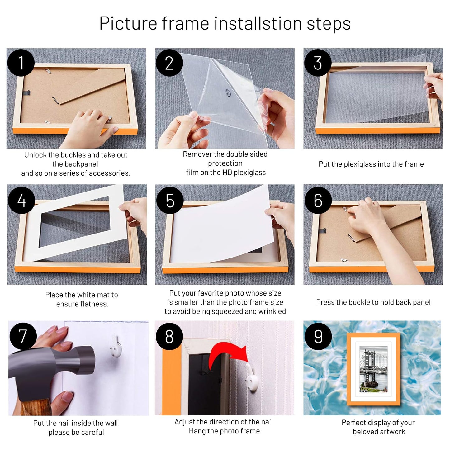 8x10 Picture Frames Solid Wood Display Pictures 5x7 with Mat or 8x10 Frame without Mat Poster Photo Frame Art with 1 Mats for Wall Mounting or Table Top(Orange)