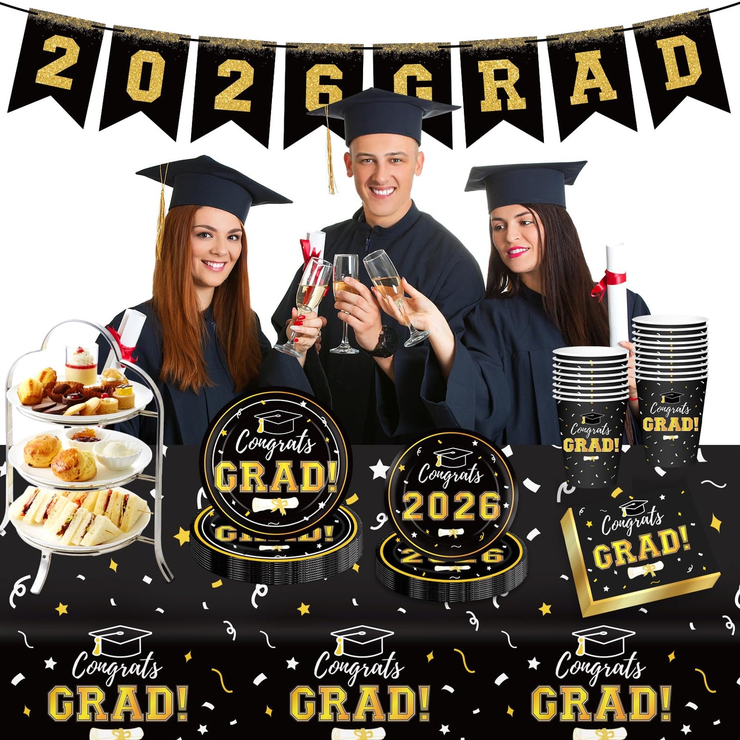 Graduation Decorations 2026 Disposable Black Graduation Tableware Kit for 25 Guests Plates Napkins Cups Tablecloth Hanging Graduation Party Decorations 2026