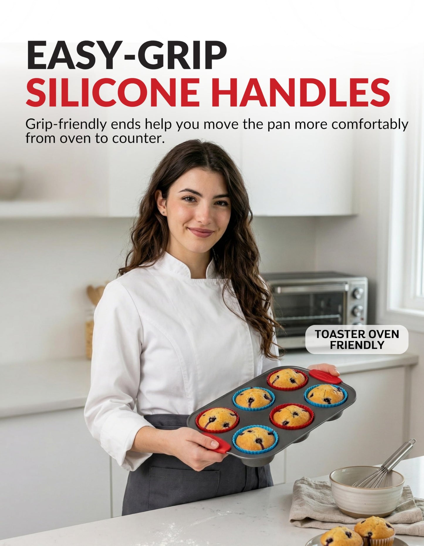Boxiki Kitchen Non-Stick Steel 6 Cup Muffin Pan with Silicone Handles and Reusable Liners - Perfect for Baking Large Muffins and Cupcakes