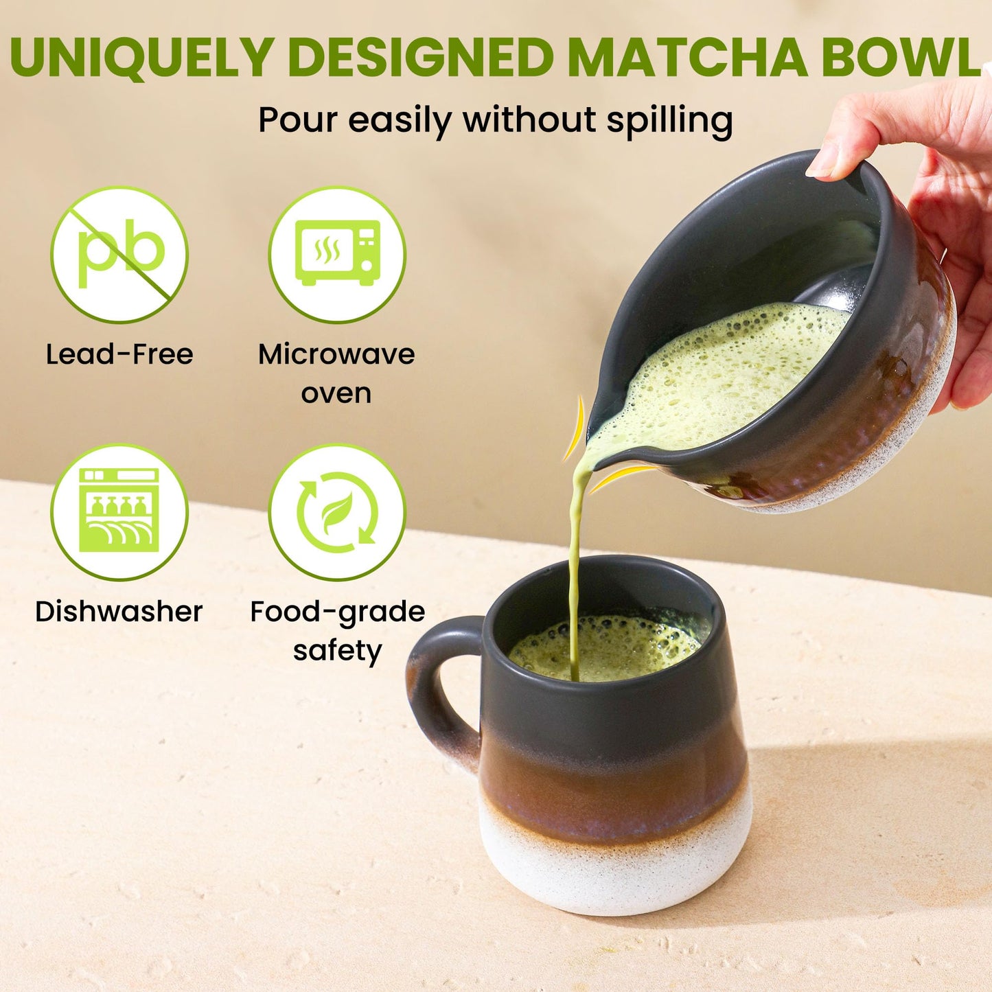 Matcha Whisk Set, Ceramic Matcha Kit Desert Style, Matcha Whisk and Bowl, Bamboo Scoop and Rest, Sifter and Tea Towel, 7 Pcs Gifts for Matcha Lover - Matte Black
