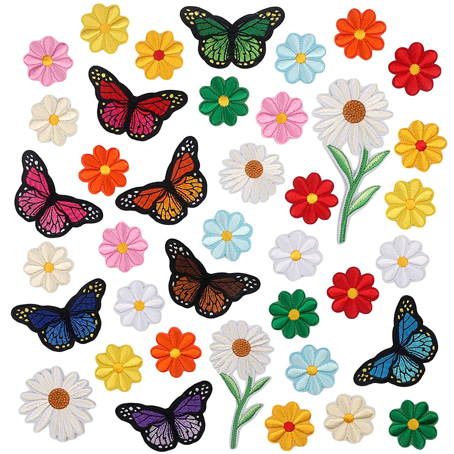 Poagoep 39PCS Flowers Embroidered Iron on Patches Butterfly Daisy Applique Decoration Sewing Patches for Cloting Bags Caps Jackets Hat Jean