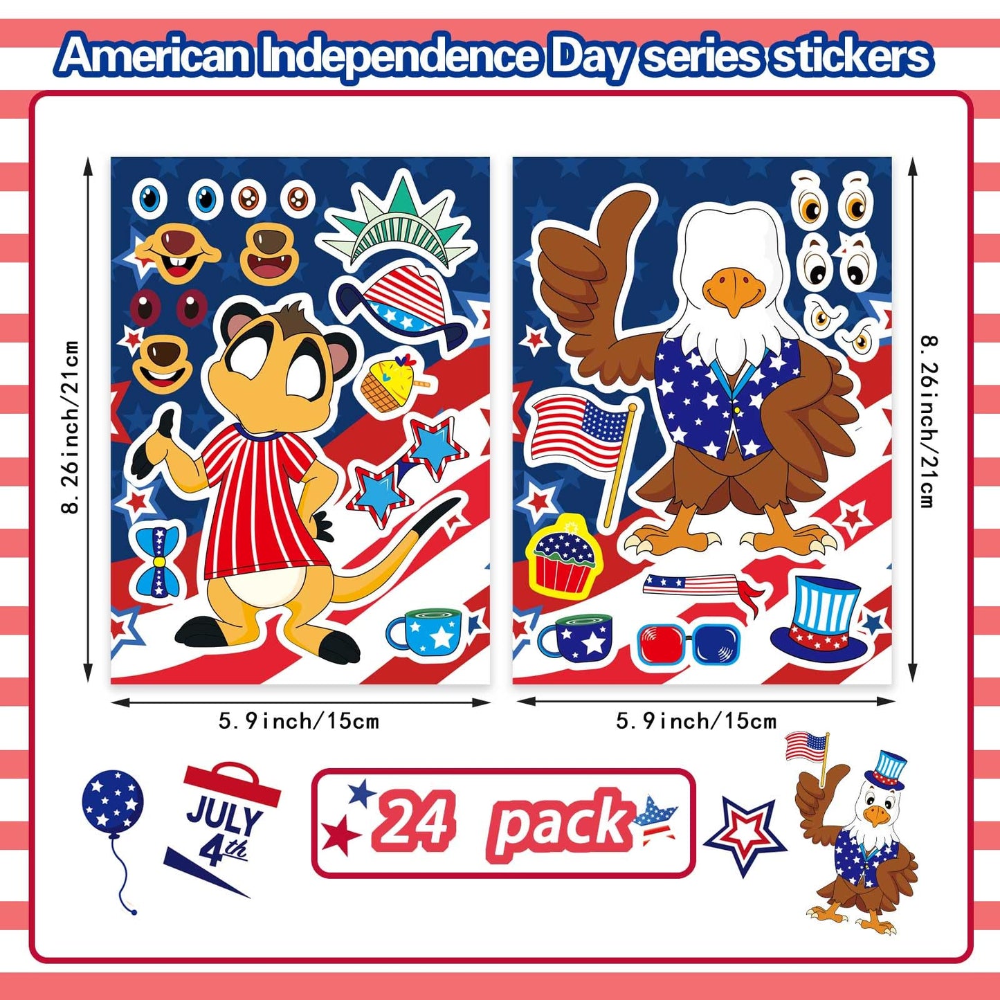 24PCS 4th of July Sticker for Kids, Make-a-face Stickers, Independence Day Patriotic Crafts Stickers, Make Your Own Animal Sticker with The Stars and The Stripes, USA Clasroom Decoration Memorial Day