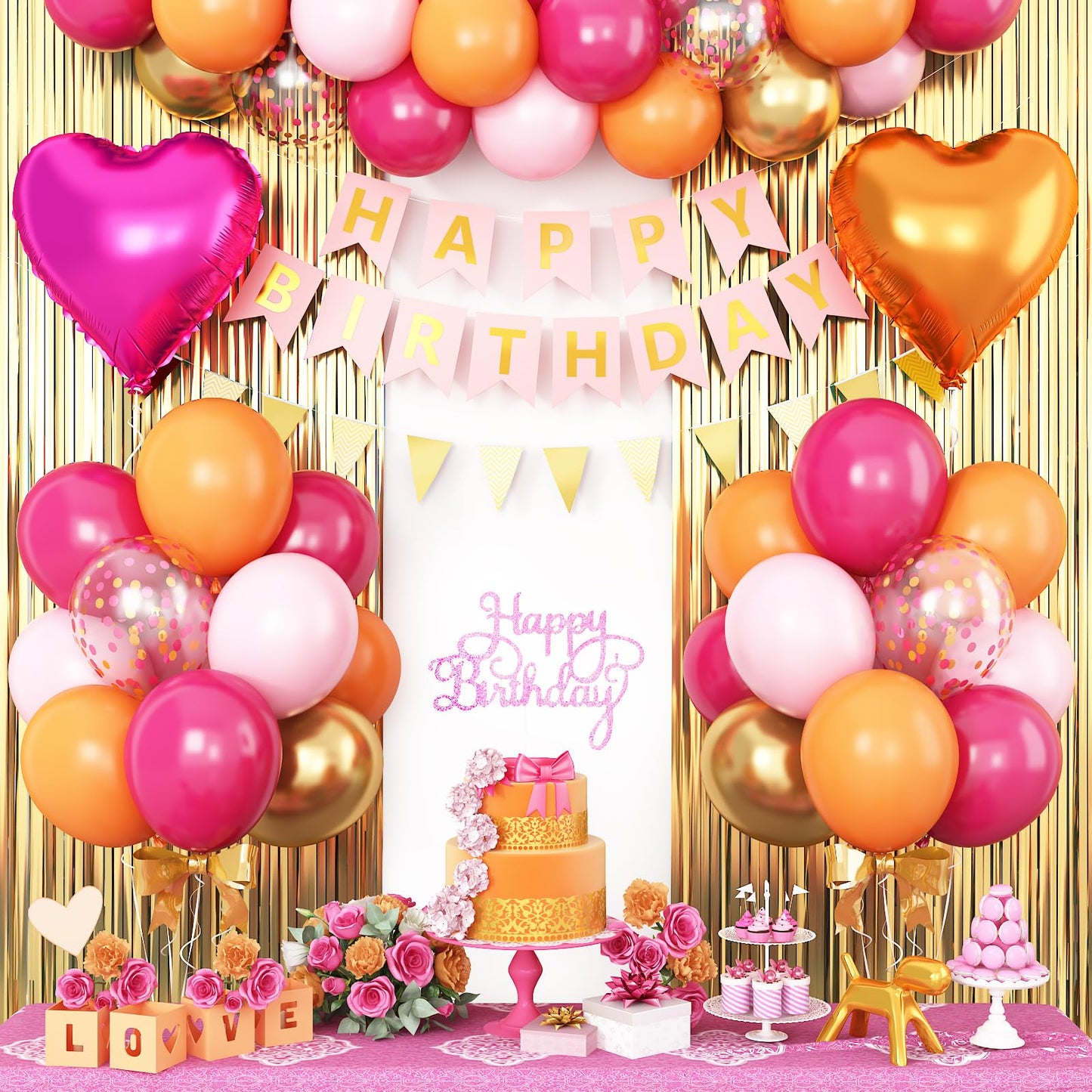 Pink Orange Party Decorations,Birthday Decorations with Hot Pink Orange Gold Balloons Happy Birthday Banner Fringe Curtain for Girls Women Teens Kids Party Decor