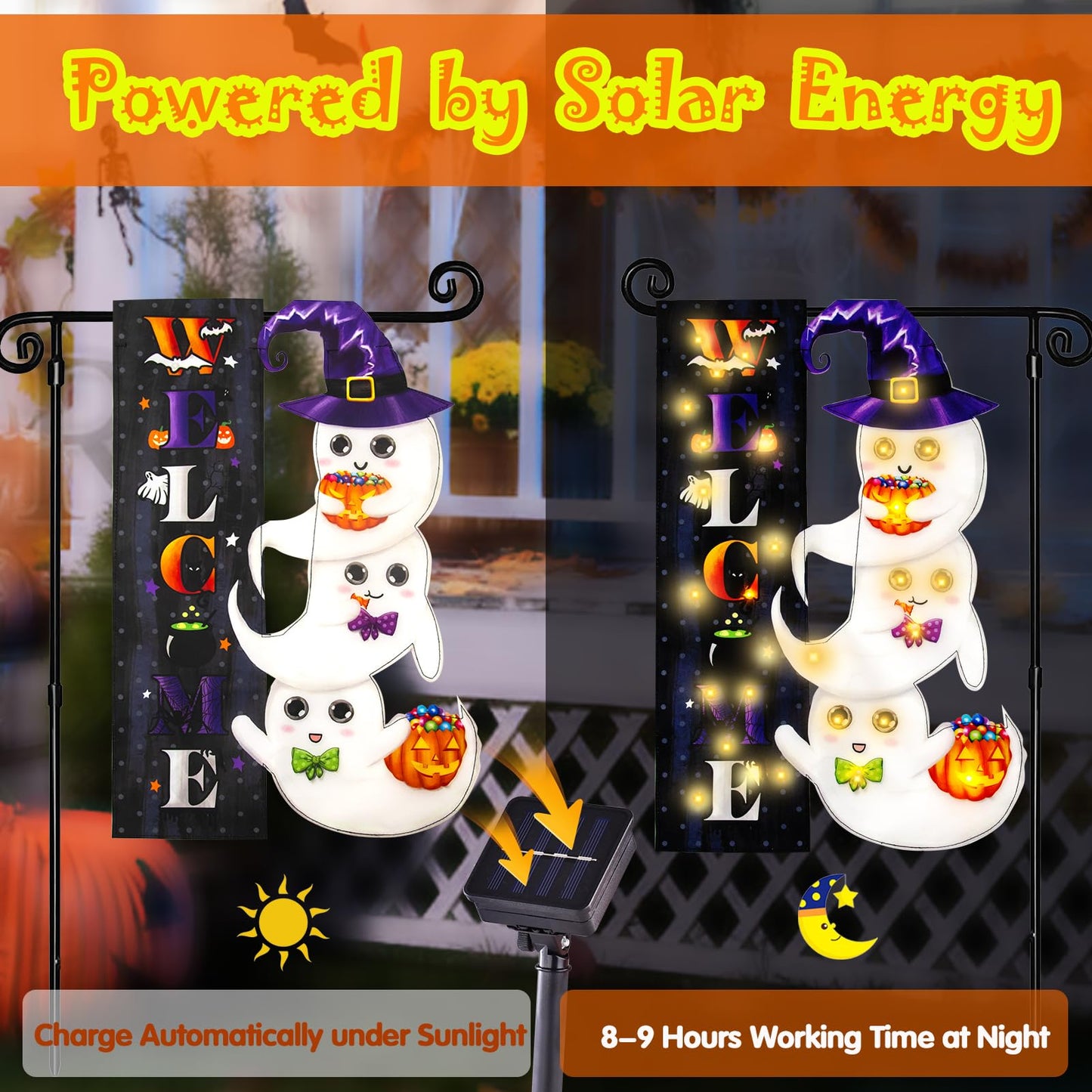 Halloween Lighted Garden Flag, Solar Yard Flag for Outside, 8 Modes Double Sided Welcome Halloween Ghost Outdoor Decorations for Home Porch (Ghost-12x18)