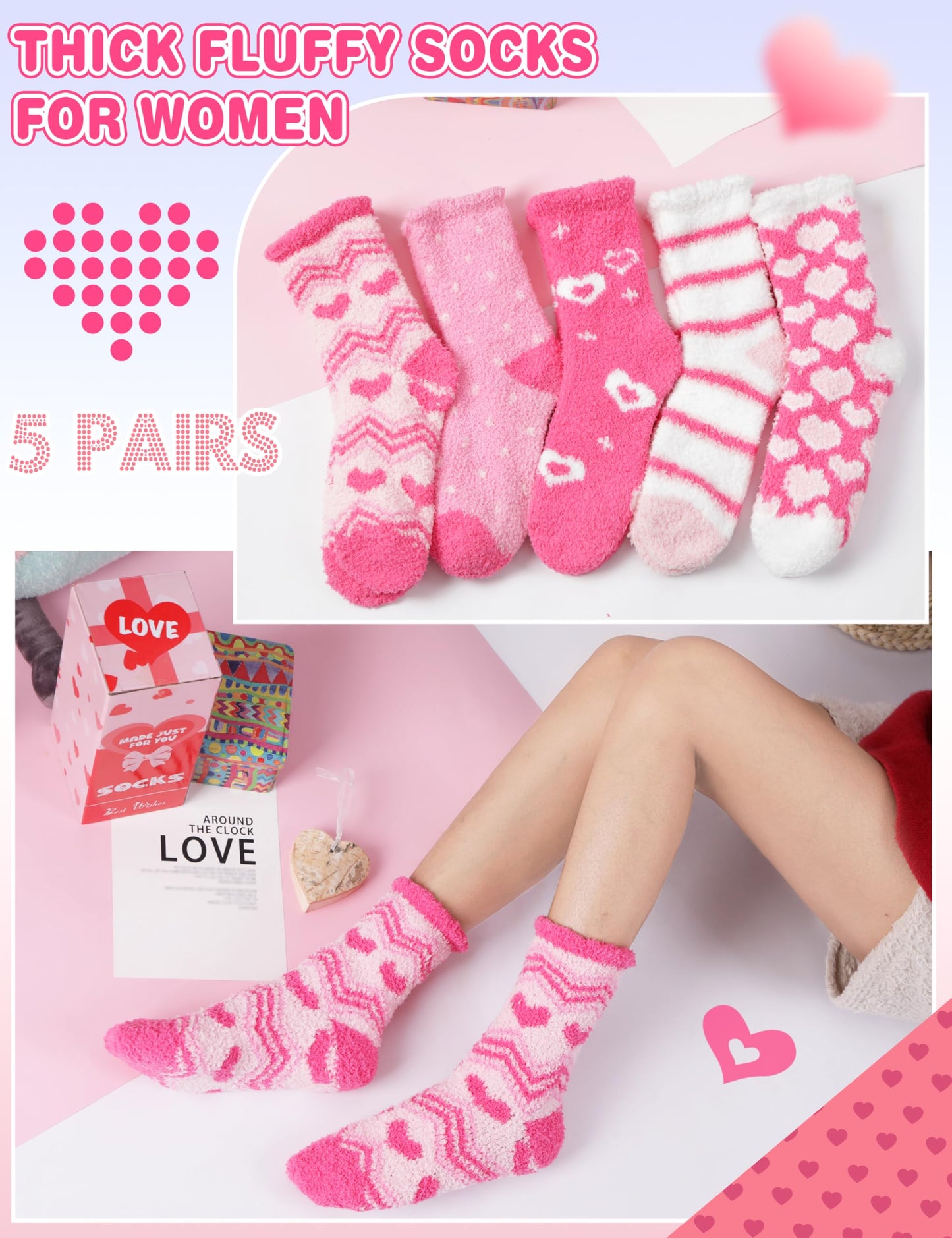 Fuzzy Socks for Women Galentines Day Gifts Fluffy Thick Warm Winter Soft Cozy Plush Fleece Sleep Home Cabin House Pink Heart Stocking Stuffers 5 Pairs(Pink Heart,M)