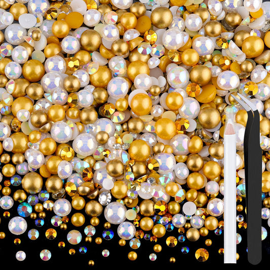 80g Flatback Pearls and Rhinestones for Crafting, White Brown Mixed Size 3-10mm Resin Rhinestones and Half Pearls for Bedazzling, Nail Art and Decoration with Tweezer and Pickup Pencil