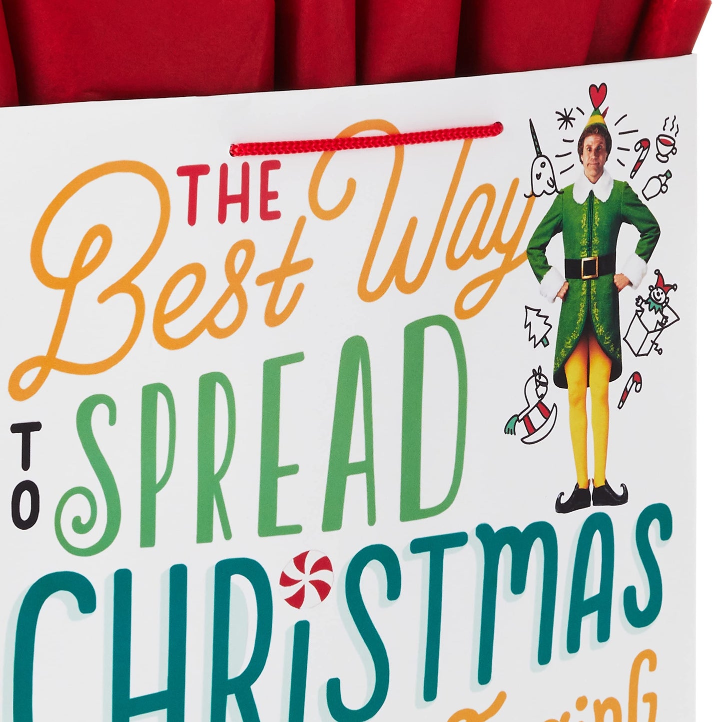13" Large Elf Gift Bag with Tissue Paper (Movie Quote: "The Best Way to Spread Christmas Cheer…") for Kids, Grandchildren, Adults