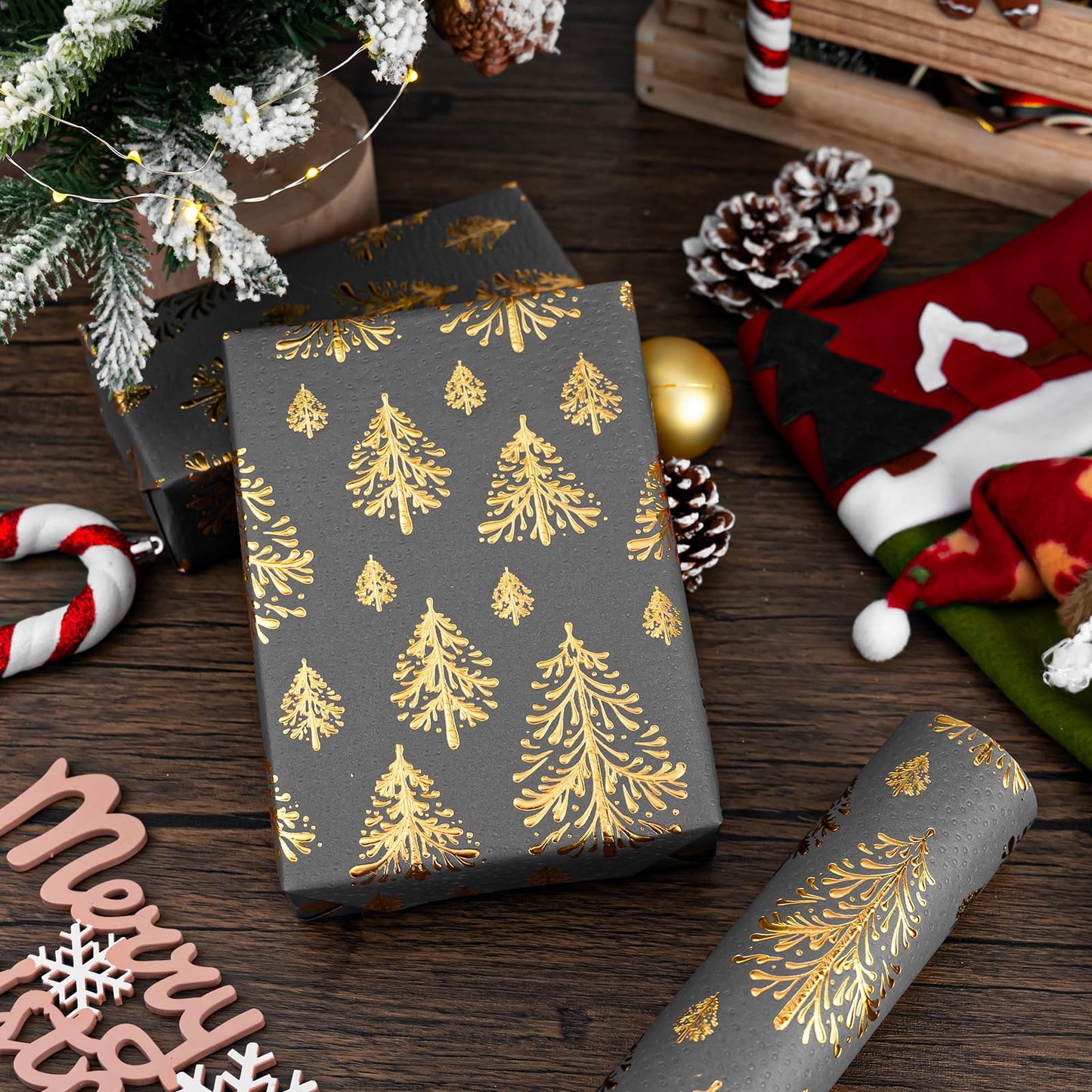 Dark Gray Kraft Christmas Wrapping Paper,Lusury Gold 3D Embossed Foil Christmas Trees Design with Woodlands Wrap Paper for Holiday, Party,Celebration, New Year(17 Inch X 32.8 Feet)
