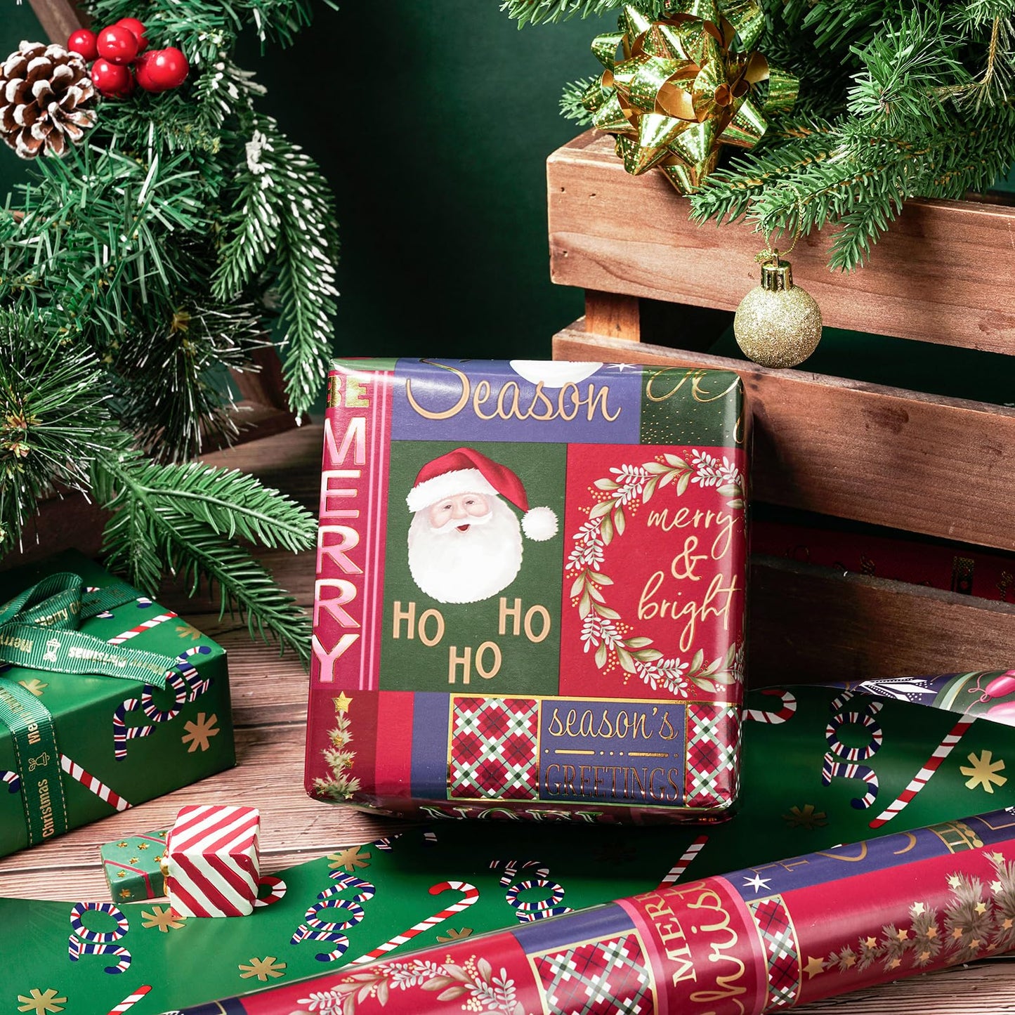 Reversible Wrapping Paper Roll - Mini Roll - Christmas Santa Claus, Snowman and Candy Cane Pattern Great for Christmas, Party, Holiday - 17.5 Inches X 32.8 Feet
