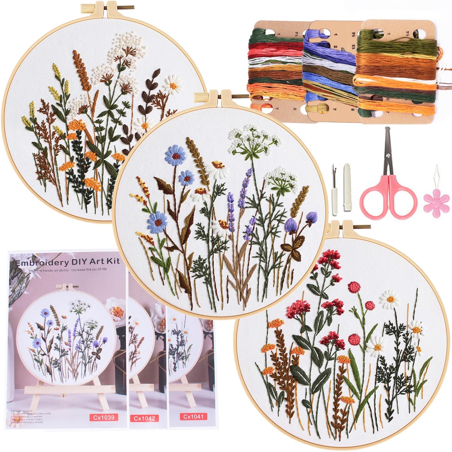 3 Sets Embroidery Practice Kits, Flower Pattern Embroidery Kit for Beginners Adults, Hand Embroidery Kit, Easy to Follow Instruction and Video
