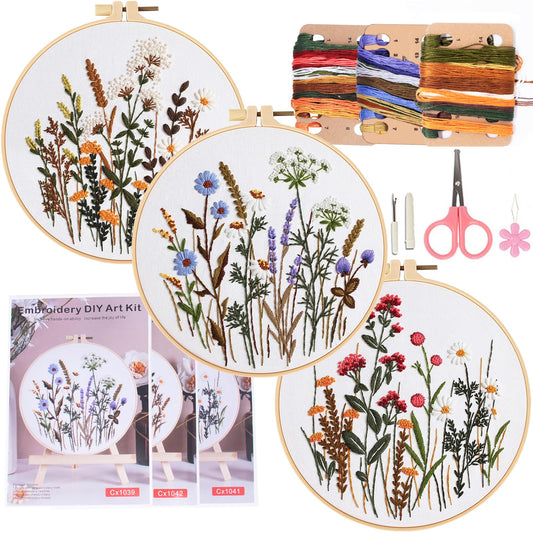 3 Sets Embroidery Practice Kits, Flower Pattern Embroidery Kit for Beginners Adults, Hand Embroidery Kit, Easy to Follow Instruction and Video