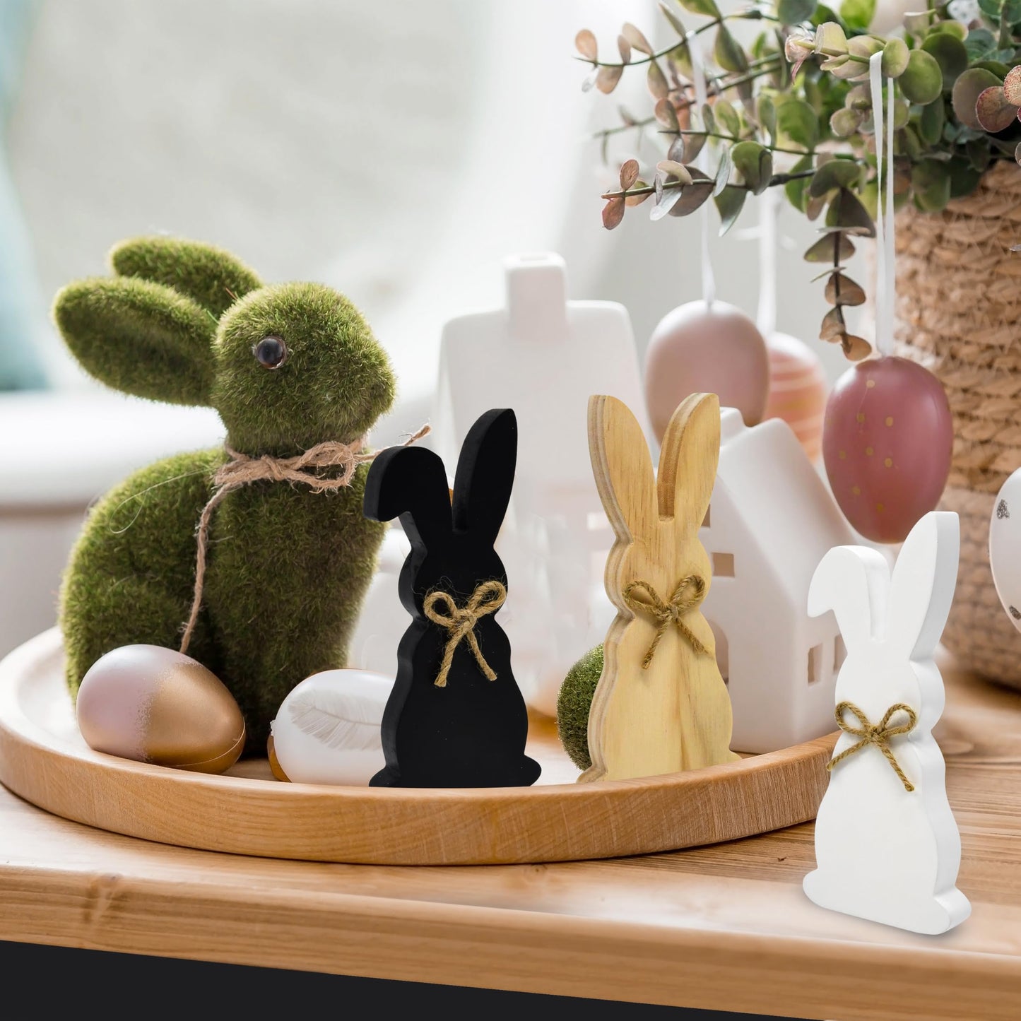Easter Wooden Bunny Decor Set of 3 Rustic Farmhouse Spring Rabbit Table Decorations Wood Block Figurines Tiered Tray Shelf Mantel Display