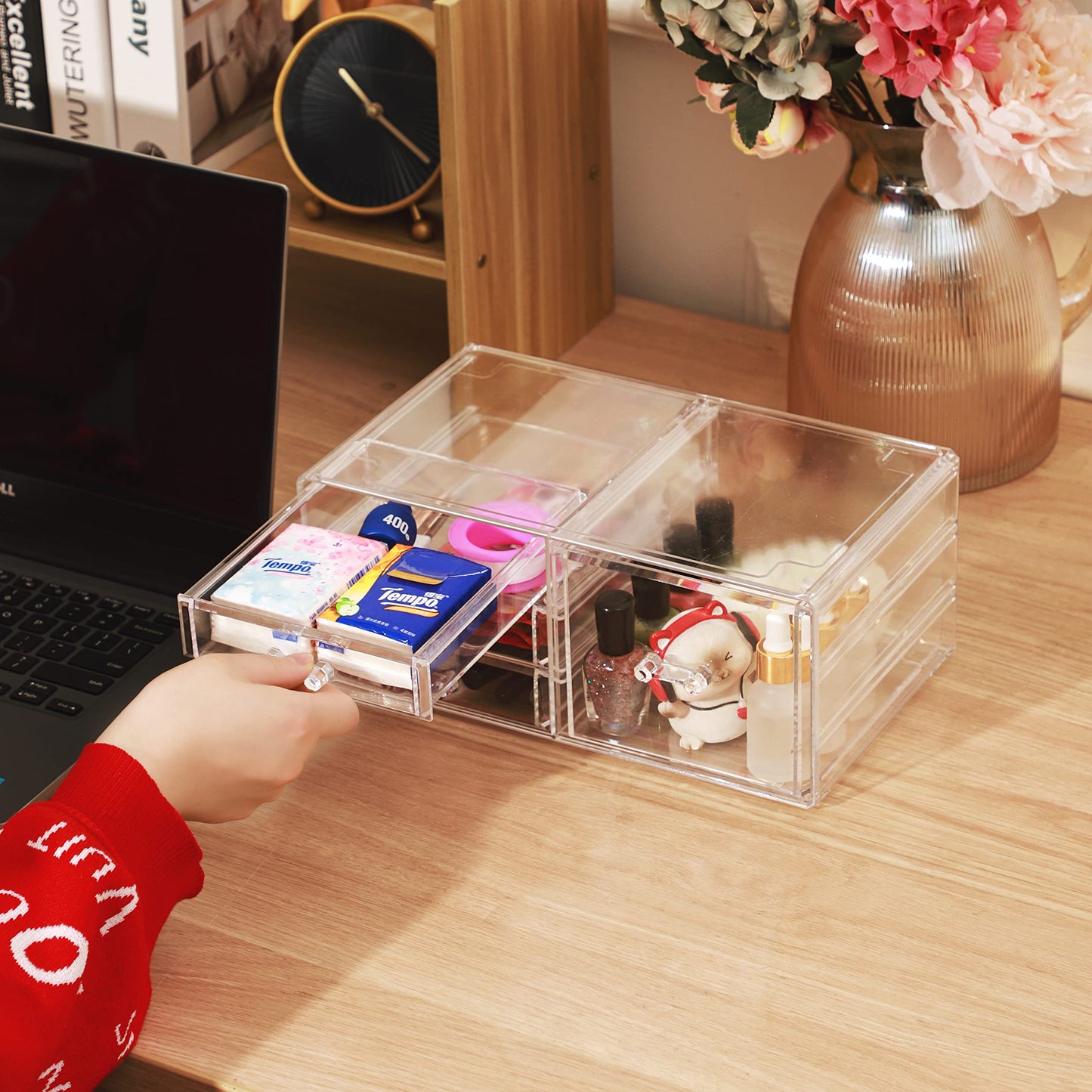 Clear Stackable Storage Bins,Plastic Storage Organizer and Small Drawer Organizer With 4 Drawers for Make Up,Skincare Product,Craft,Beauty and Desktop Drawers Organizer Storage