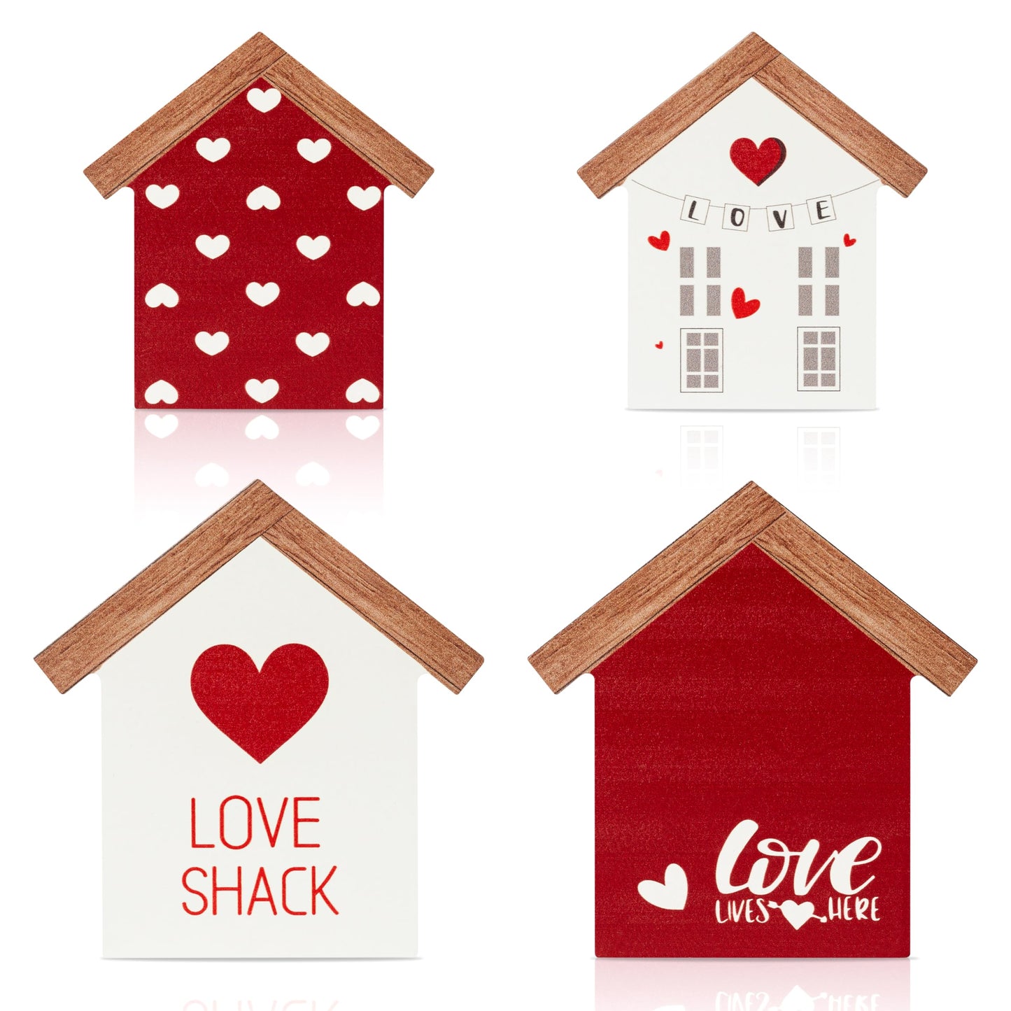 4PCS Valentine House Shaped Wooden Tiered Tray Sign Table Decor, Happy Valentine's Day Tabletop Wood Centerpiece, Romantic Sweet Love Shack Decoration for Wedding Engagement Party
