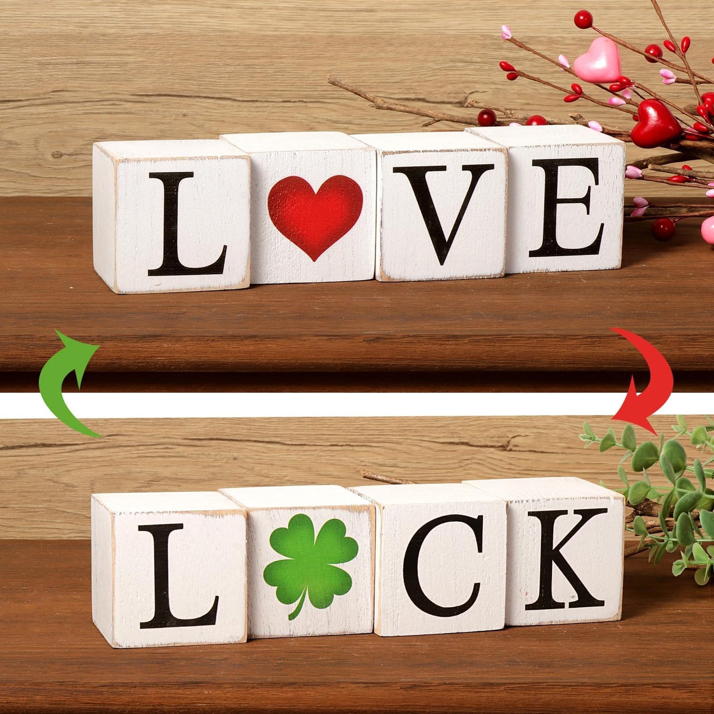 Valentines/St. Patrick’s Day Decorations, 4Pcs Rustic LOVE Wooden Centerpieces Decor Signs, Farmhouse Valentines Galentines Day Decor for the Home Office Table Mantel Shelf Gifts