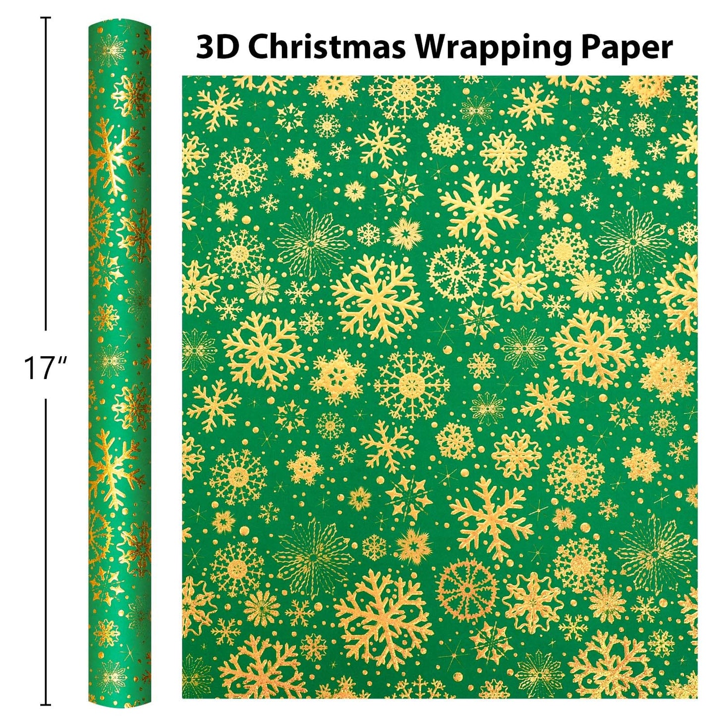 Kraft Christmas Green Wrapping Paper,Gold Luxury Snowflake Metallic Gold Embossed Foil Gift Wrap Roll Design for Holiday, Party,Celebration, New Year (17 Inch X 32.8 Feet)