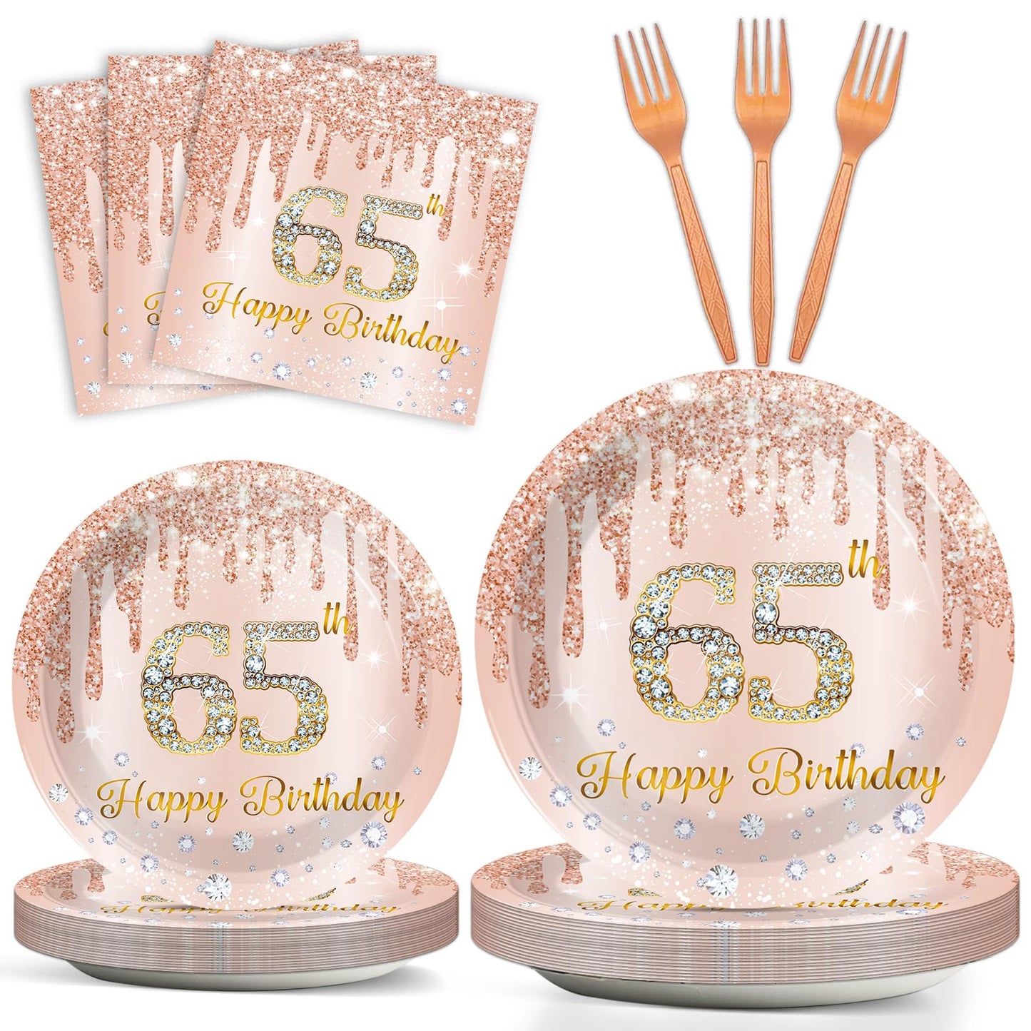 96Pcs 65th Birthday Party Plates and Napkins for 65 Year Old Birthday Party Supplies Rose Gold Paper Dessert Plates 65th Birthday Tableware Set for Men Women 24 Guests Party Decorations