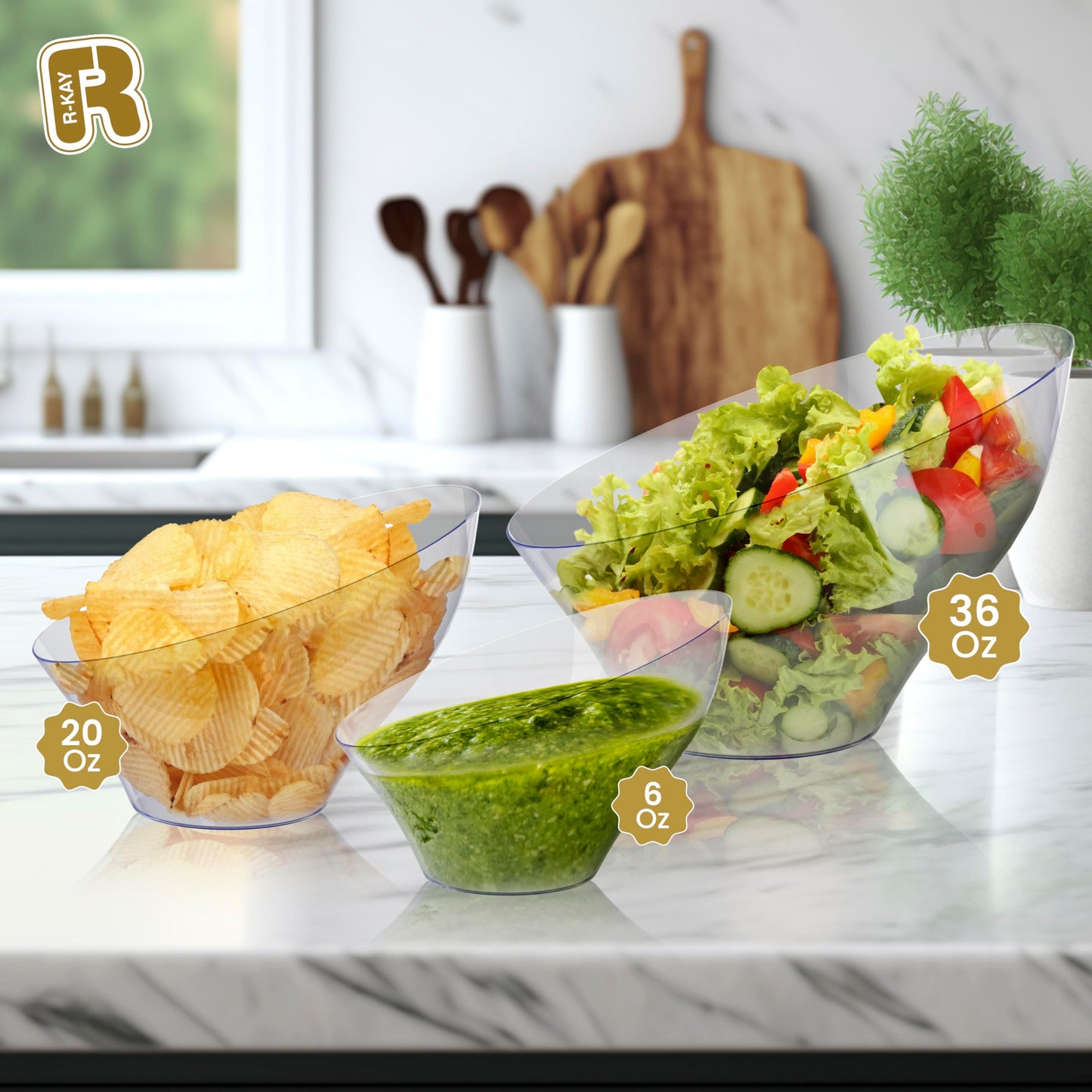R-kay 6 Pack Angled Plastic Serving Bowls - Clear Plastic bowls 20 Oz - Disposable Serving Bowls - Premium Clear Bowls Disposable Heavy Duty For Weddings Catering And Birthday parties