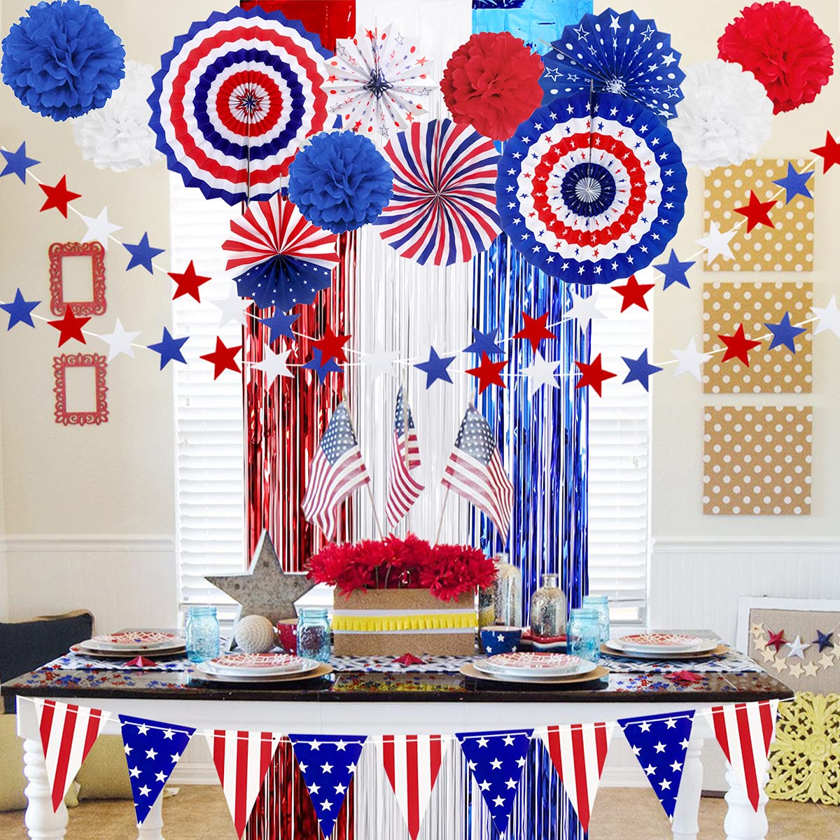 MOVINPE 4th of July Patriotic Party Decorations Set, American Flag Hanging Paper Fans, PomPoms Flowers, Foil Fringe Curtain, Star Streamers, USA Pennant Bunting Independence Day Party Supplies