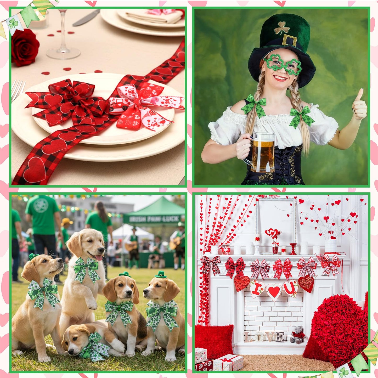 12 Rolls Valentine's Day Wired Edge Ribbon for Wreaths 2 Inch x 60 Yards Red Pink Heart Gnome Truck Print Grosgrain Ribbon Shamrock Clover Crafts for St Patricks Day Party Supplies 12 Styles