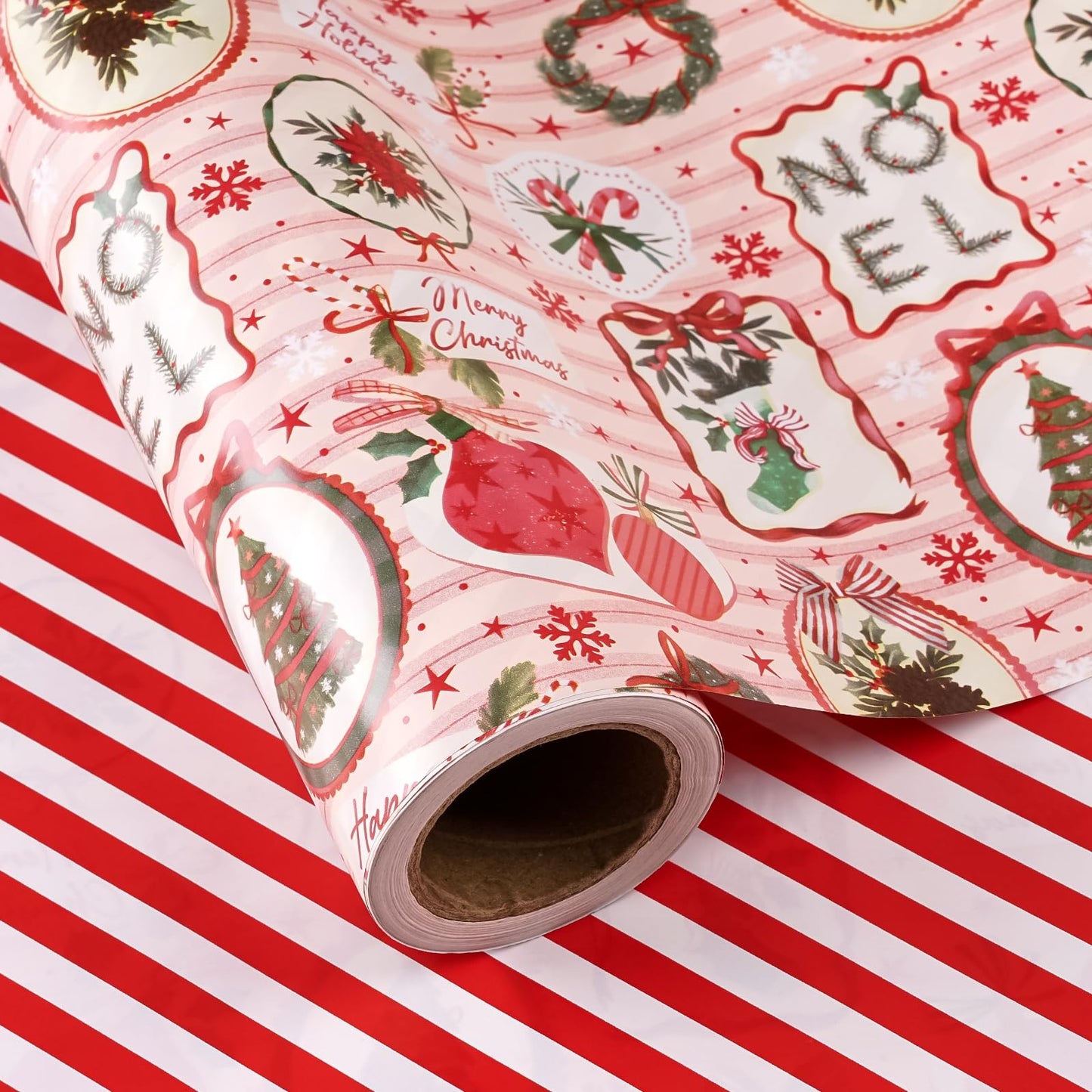 30 Inch Jumbo Reversible Christmas Wrapping Paper - 30 Inch x 33 Feet - Pink & Red Classic Christmas Decor and Stripes Wrapping Paper for Xmas Holiday, Party Celebration