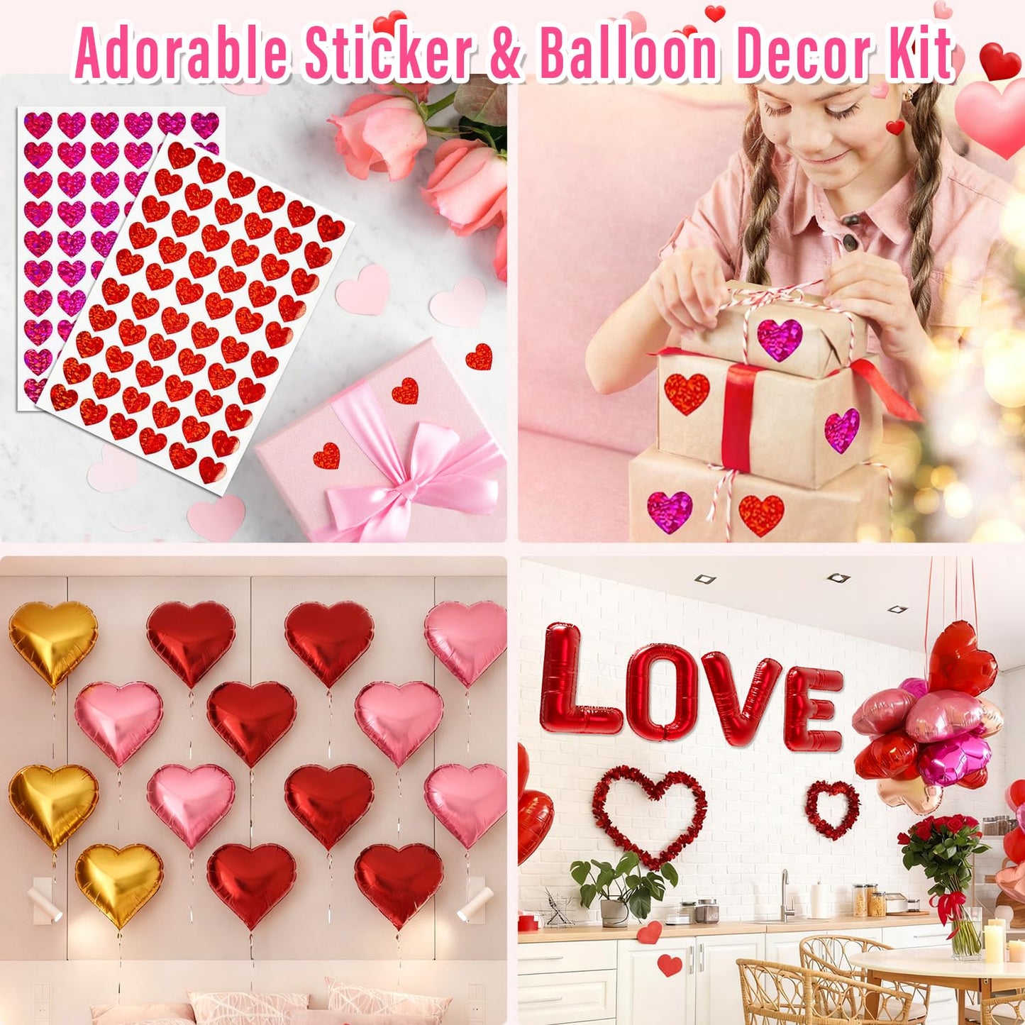 Valentine Decorations Set of 4 Double-Sided Valentine's Day Throw Pillow Covers 20" x 20", Reversible 8 Designs, with 16 pcs Heart & Love Balloons, Stickers, Complete Valentines Decor Kit