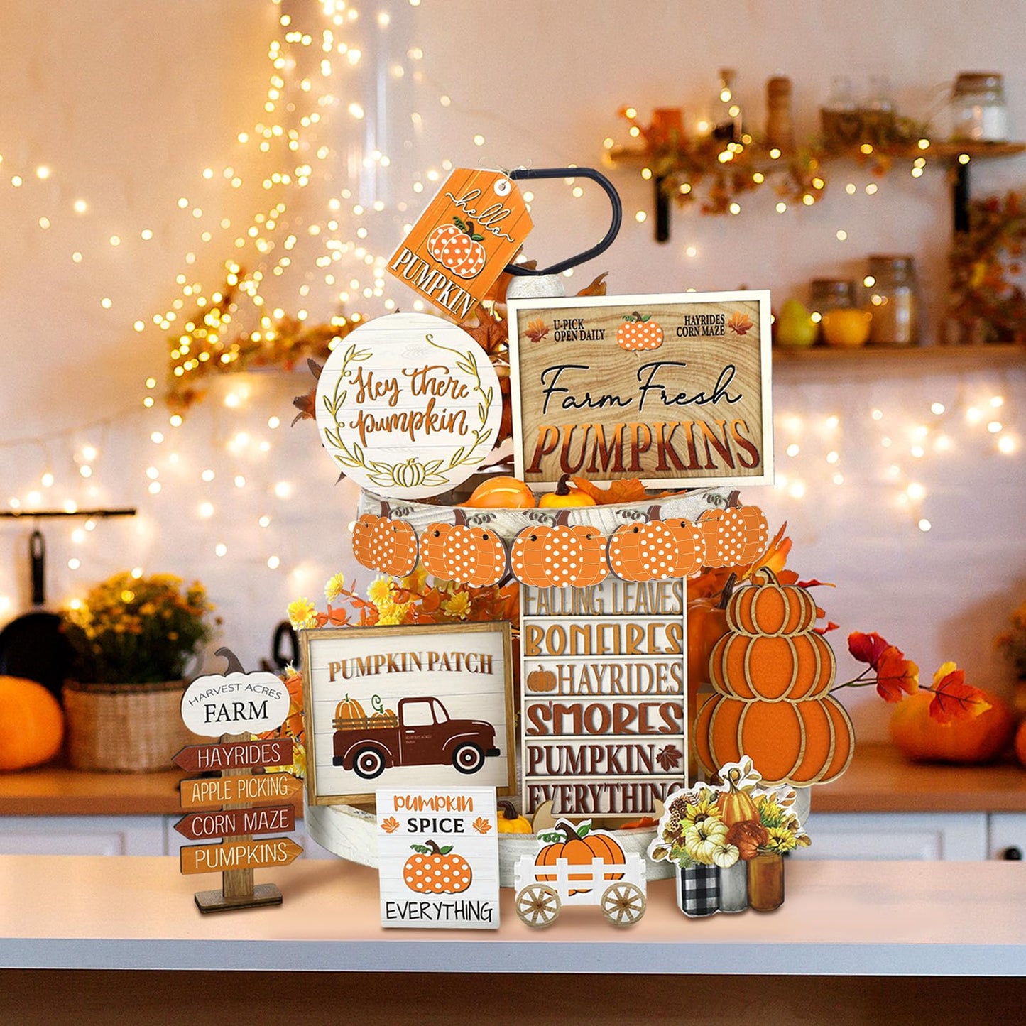 FairySandy 14 Pcs Fall Tiered Tray Decor Fall Pumpkin Wooden Decorations Set Rustic Farmhouse Truck Spice Blocks Autumn Wooden Sign for Thanksgiving Fall Winter Halloween