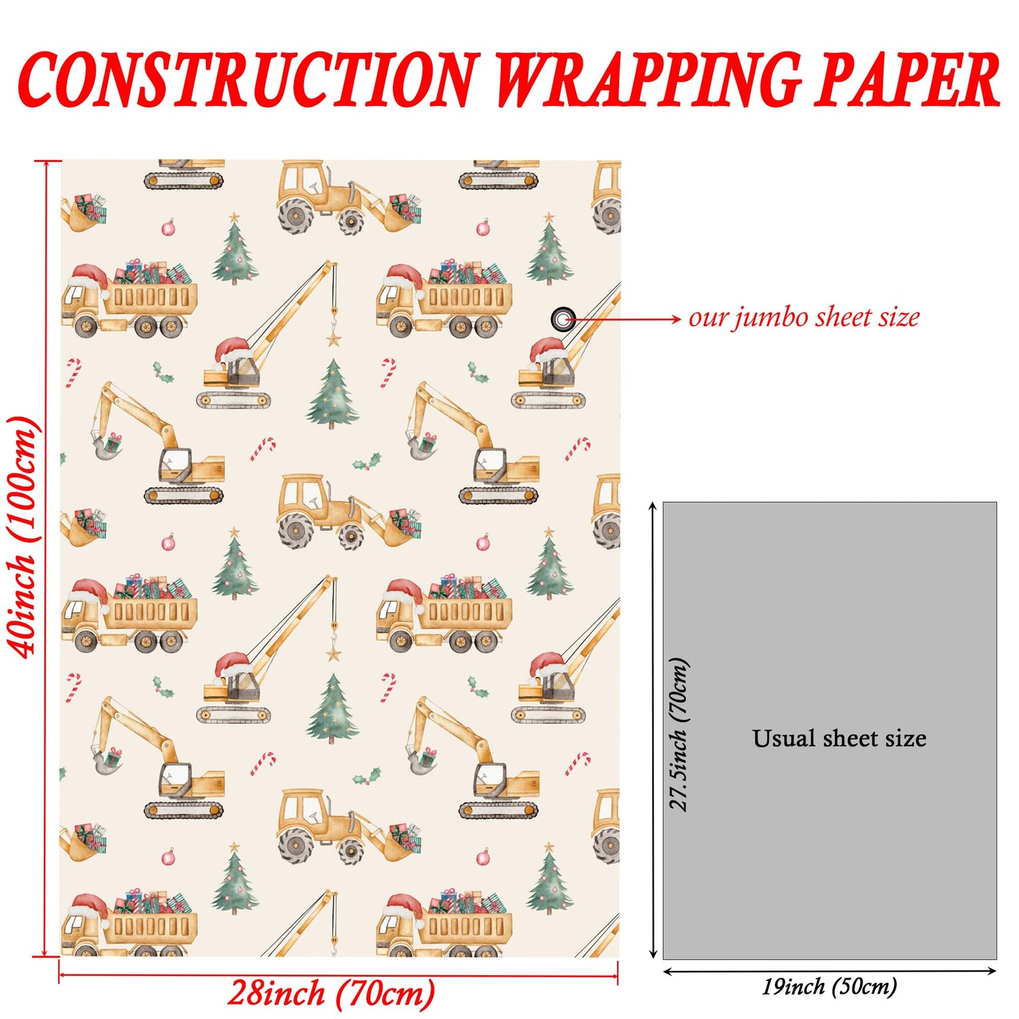 Construction Christmas Wrapping Paper for Kids - Holiday Wrapping Paper with Dump Trucks, Cranes, Excavators with Santa Hats & Gifts, Christmas Tree - 40×28 Inches, 4 Folded Sheets