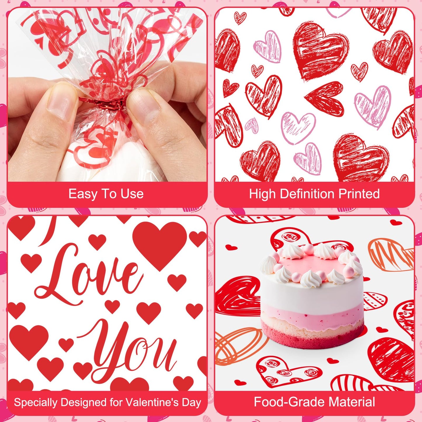100 Pcs Valentine Treat Bags - Red Heart Cellophane Goodie Bags, Clear Plastic Happy Valentine's Day Cello Candy Gift Bag With Twist Ties for Wedding Anniversary Party Favors Supplies