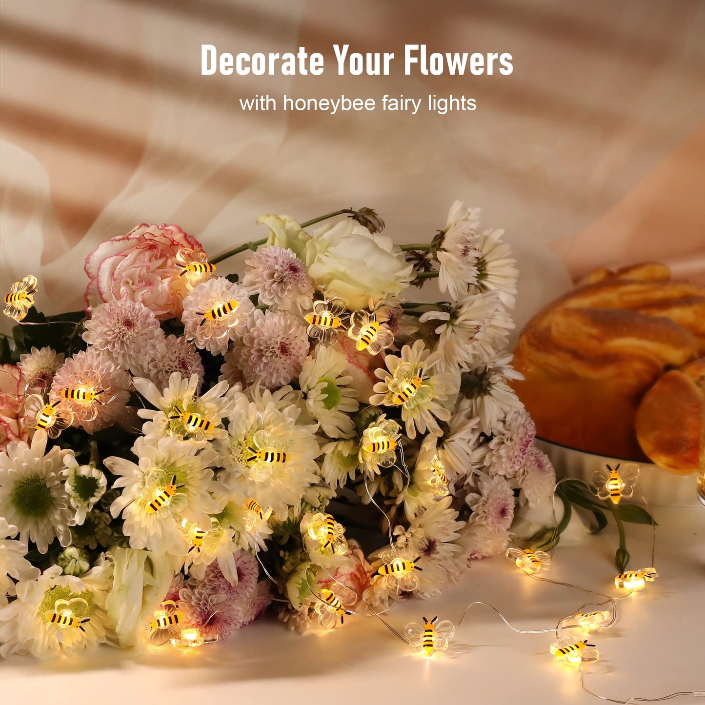 Coquimbo Bee Lights Room Decor, 10ft 30 LED Cute Bee String Fairy Lights Battery Operated, Honey Bee Gifts for Women Girls, Bee Decorations for Bedroom Plants Patio Party Wedding Party Xmas