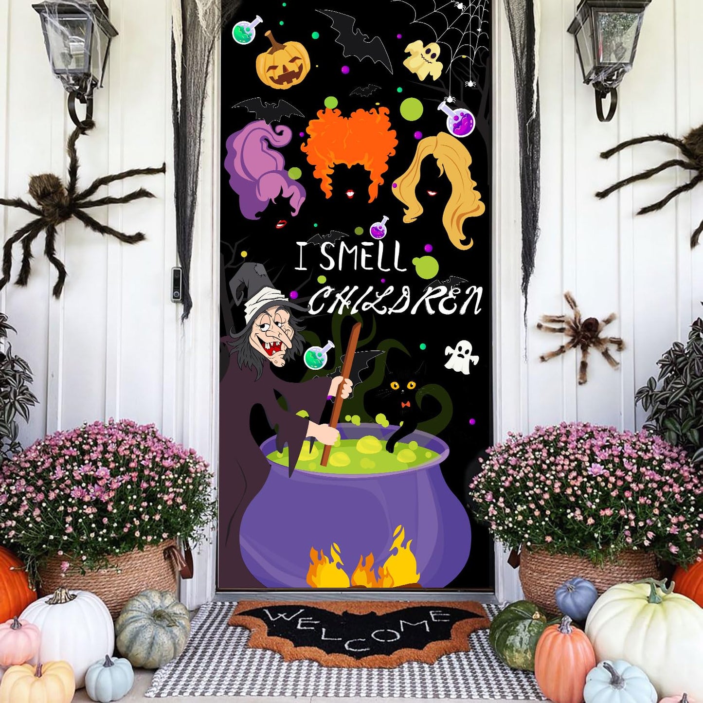 Halloween Door Cover - Large Fabric Party Sign, Hanging Banner for Witch Outdoor Porch, Front Wall Decor