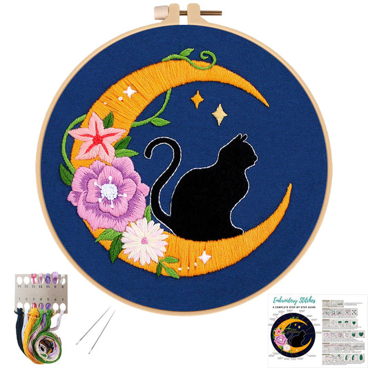 Louise Maelys Cat Moon Embroidery Kits for Beginners with Floral Pattern,Adults Starter Cross Stitch Kit DIY Needlepoint