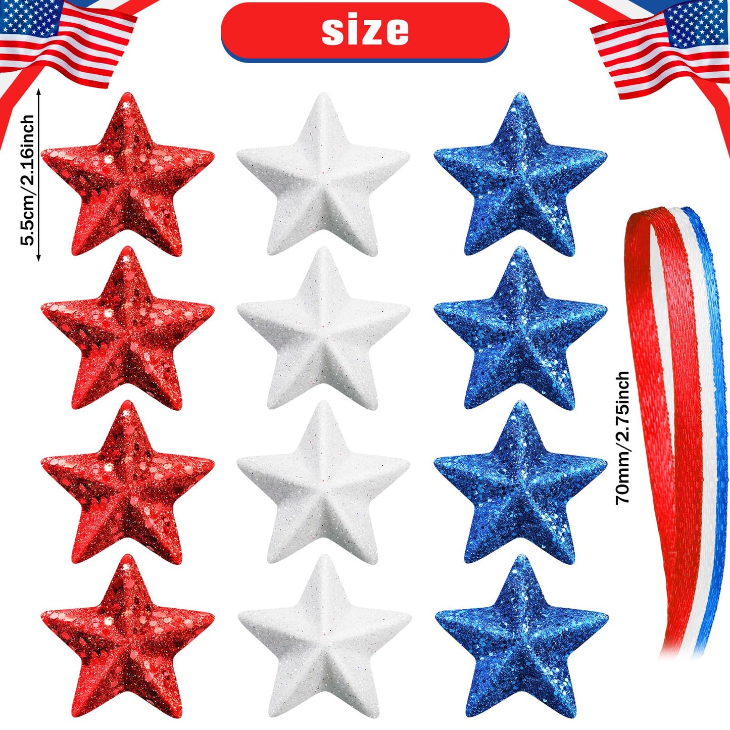 Sratte 12 Pcs 4th of July Tree Decorations Red White Blue Star Ornaments Patriotic Hanging Star Shaped Ornaments for Independence Day 250th Anniversary Holiday Party Supplies (Stylish Style)