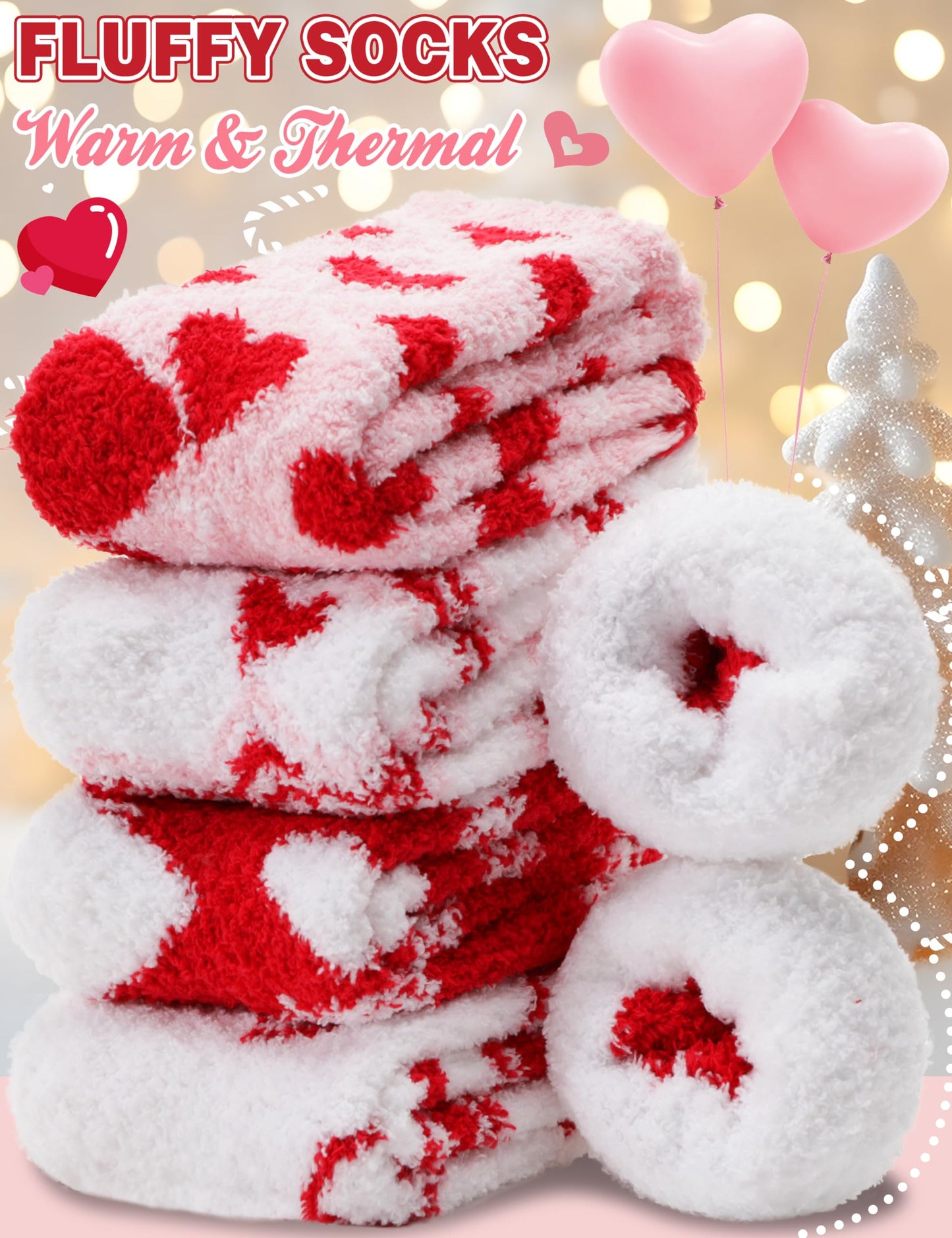 Fuzzy Socks for Women Galentines Day Gifts Fluffy Warm Cozy Winter Slipper Thick Crew Fleece Comfy Sleep Plush Heart Socks 5 Pairs Stocking Stuffers (Red/White Love,M)