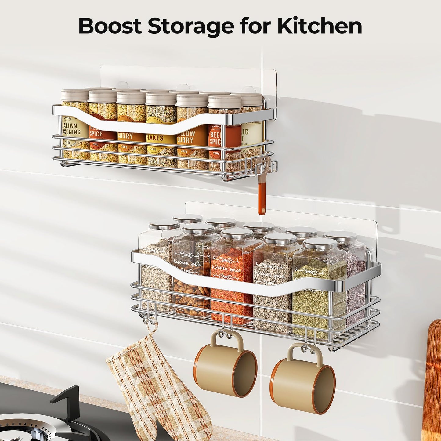 Orimade Shower Caddy Basket Shelf with 5 Hooks Adhesive Organizer Storage Rack Rust Resistant Wall Mounted Stainless Steel No Drilling for Bathroom, Toilet, Kitchen - 2 Pack