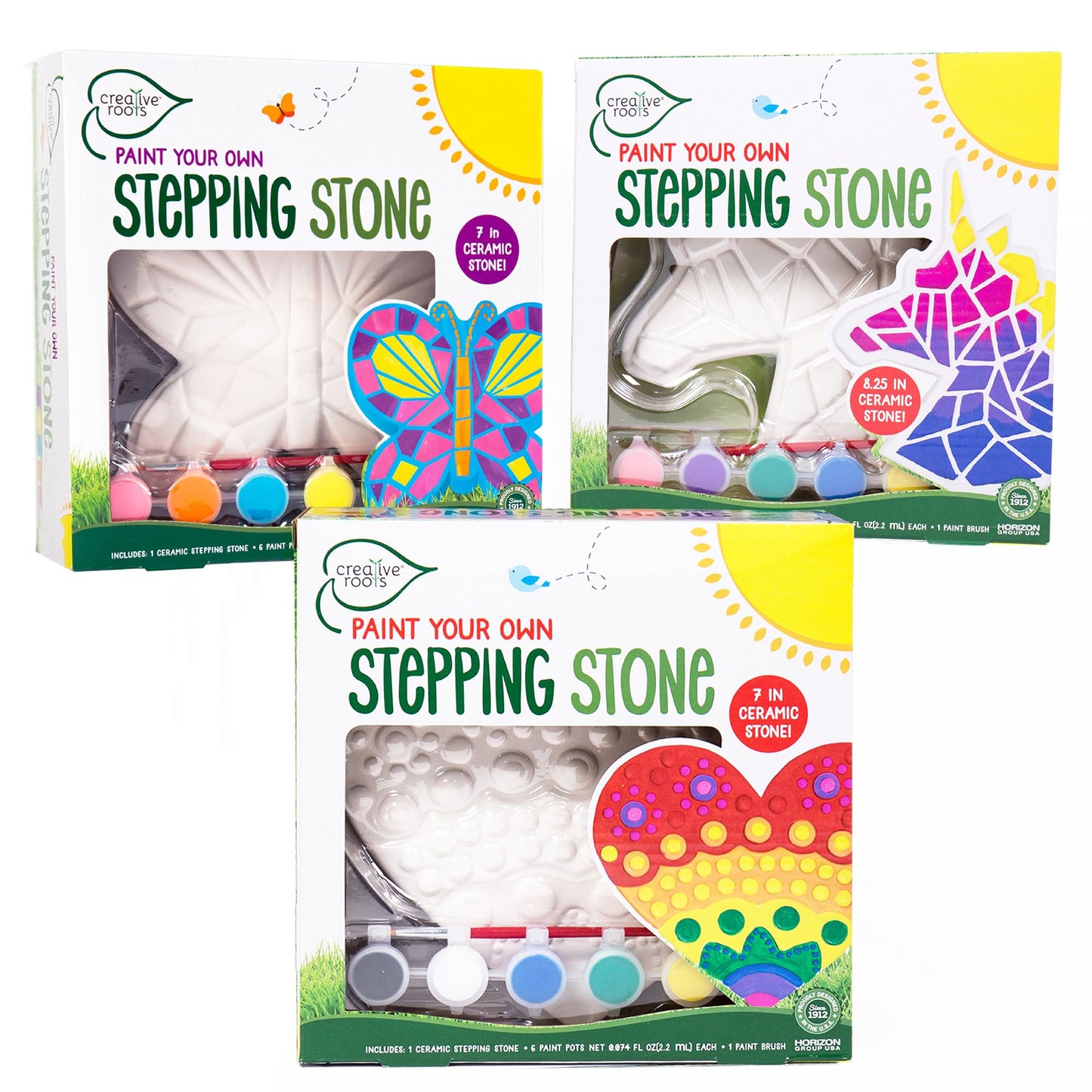 Creative Roots Paint Your Own Stepping Stones Multipack with Butterfly, Unicorn, & Heart, 3 Ceramic Stepping Stones (7 Inch Each), 18 Acrylic Paints, 3 Paintbrushes, Ages 8+