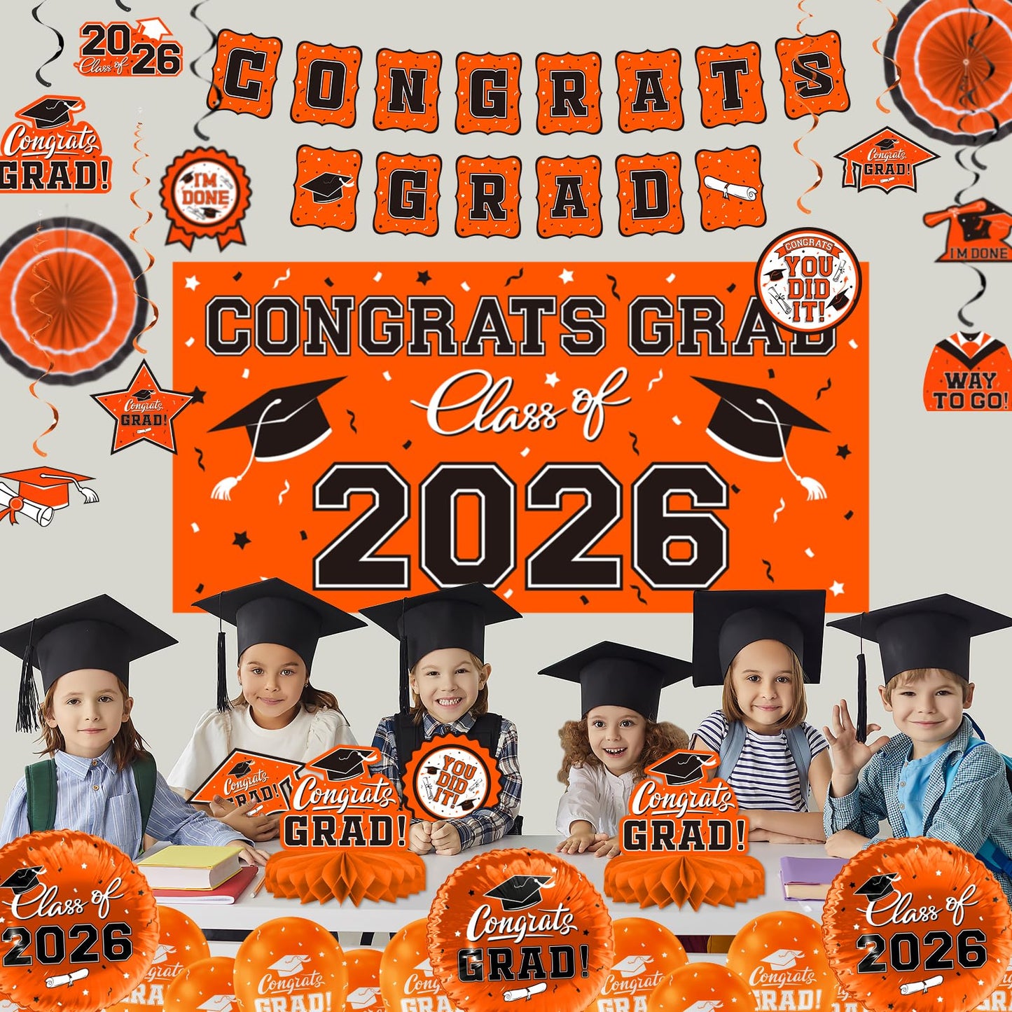 Orange Themed 2026 Graduation Decorations Set - Congrats Grad Banner, Class of 2026 Backdrop, Balloons & Streamers Kit - Complete Party Supplies for High School & College Celebrations