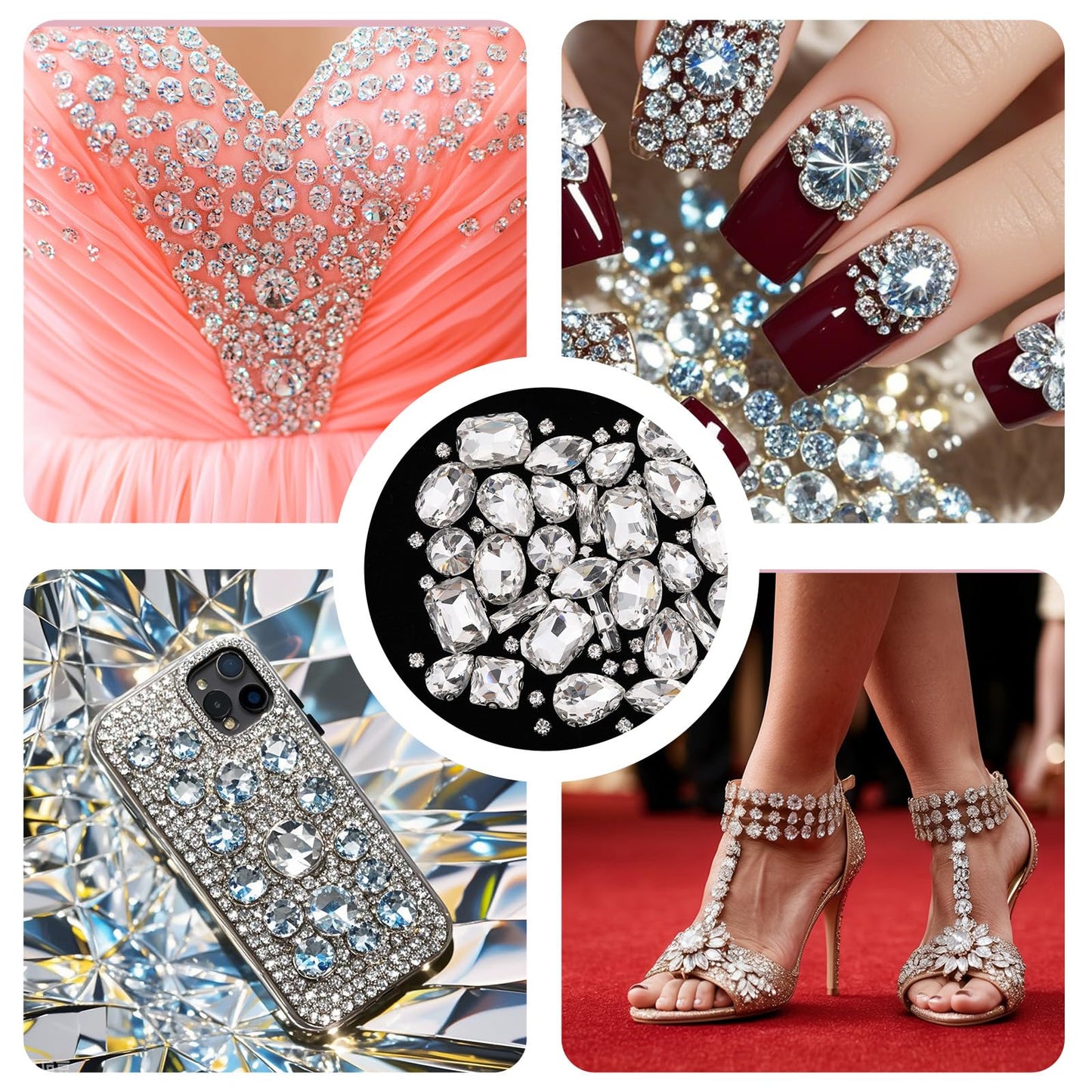 JJUNW 240 PCS Sew on Rhinestones Mixed Shapes Glass Rhinestones Sew on Crystal Gems Mental Flatback wif Silver Claw for Jewelry Crafts Clothes Shoes Costume Garment(White)