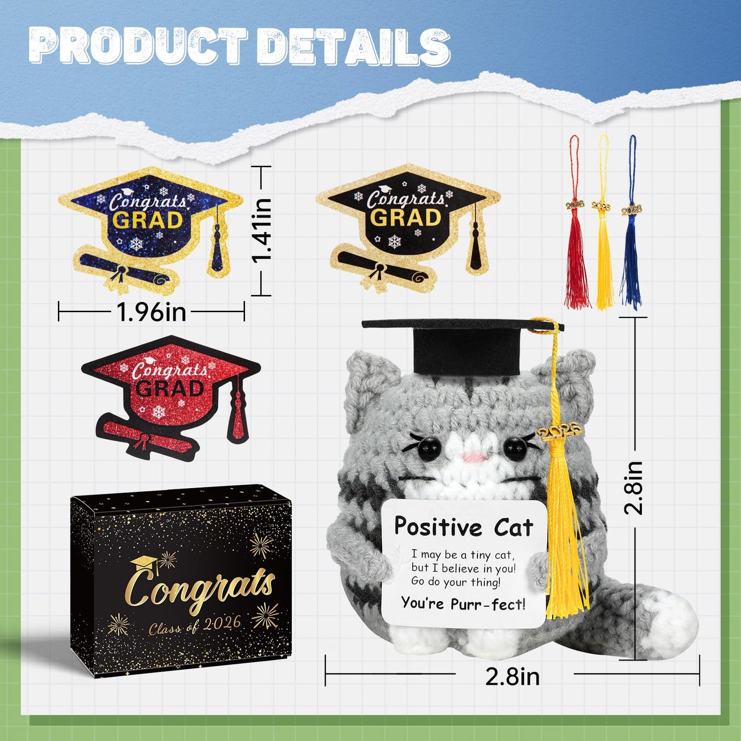 IrichBa Graduation Gifts 2026 for Her Him – DIY Cat Plush with 3 Replaceable Tassels, Graduation Cap & Card - Funny Emotional Support Gift for Class of 2026 High School College Grad